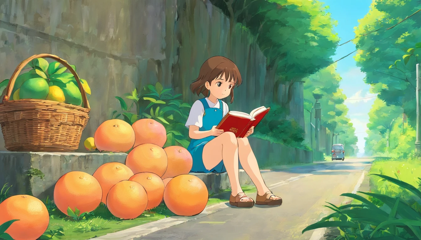 A little girl sitting on the side of the road reading a book,Next to it are two baskets of grapefruit
