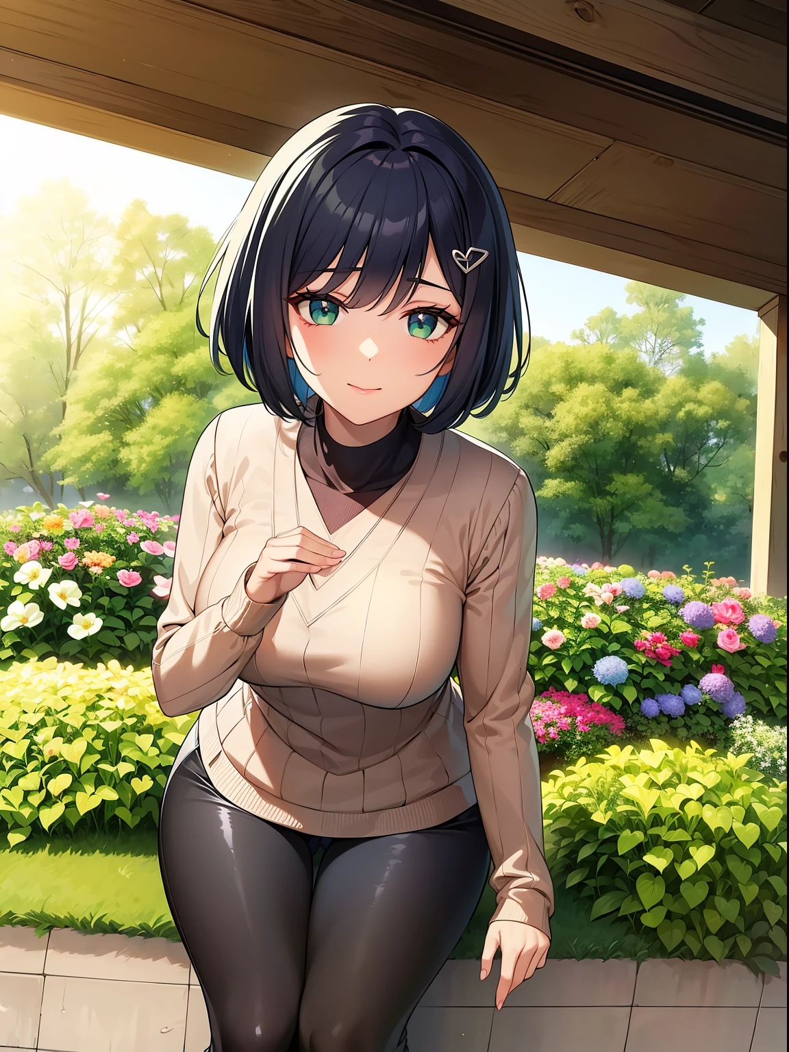 kawaii　a beauty girl　A blue-haired　short-haired　bob cuts　fluffy hair　light green  eyes　((Black sweater))　turtle neck　long-sleeve　Moe Sleeve　Pants stockings　Brown boots　Flower Garden　((high-level image quality　hightquality　ultra-detailliert　8K)) Only 1 person　ssmile　1 girl in　Detailed and delicate face　Ruffled skirt　beautiful and delicate eyes　Fine details　amaryllis　((Anime-like illustrations))　High school students　Medium chest　kawaii pose　teak　Cute clothes　‎Garden　Sitting on the ground　Black hairpin　maidennurse　Embarrassed expression