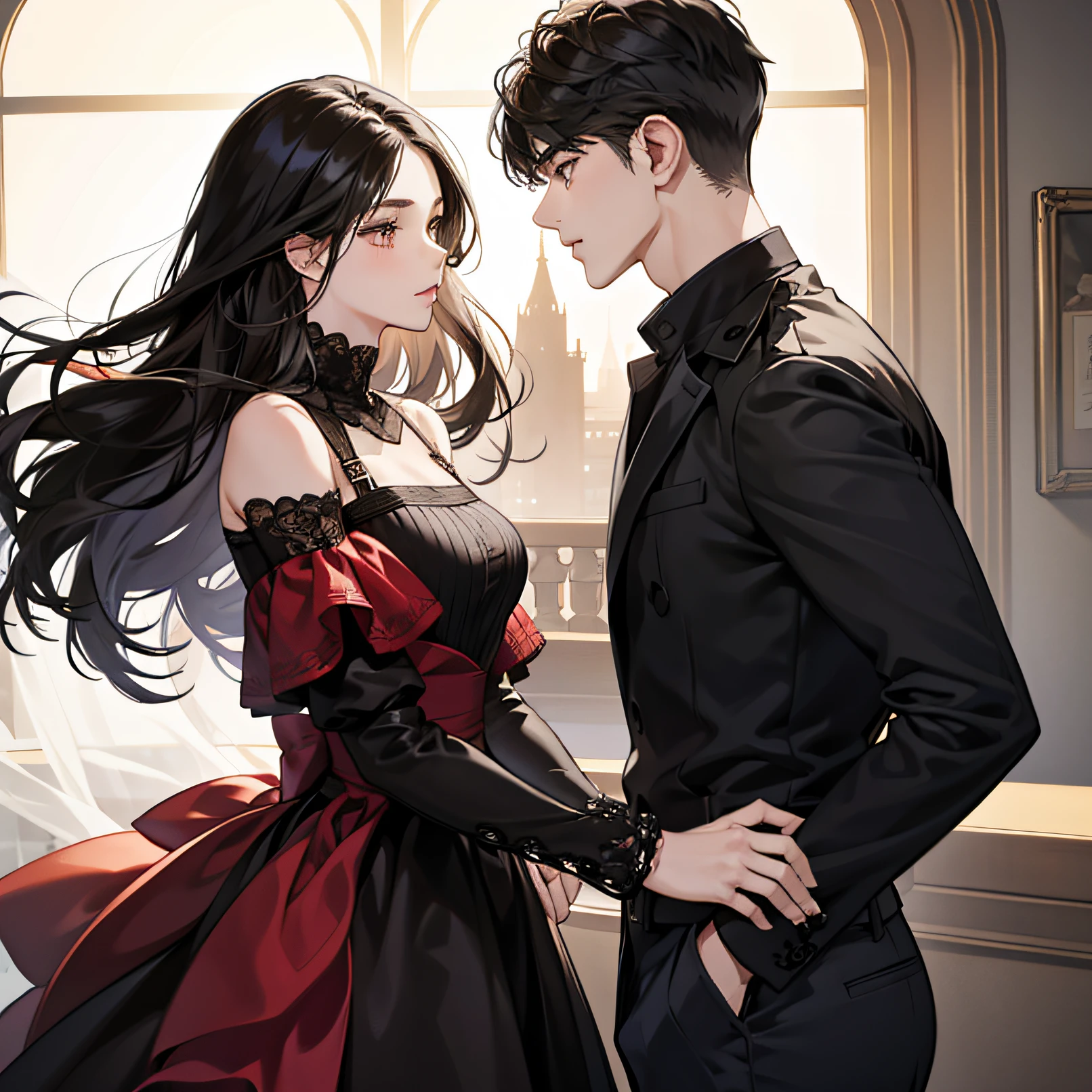 couple, 1 Girl 1 Boy, different hair color, Long black black hair, Short brown-black hair, Romance，Ambiguous