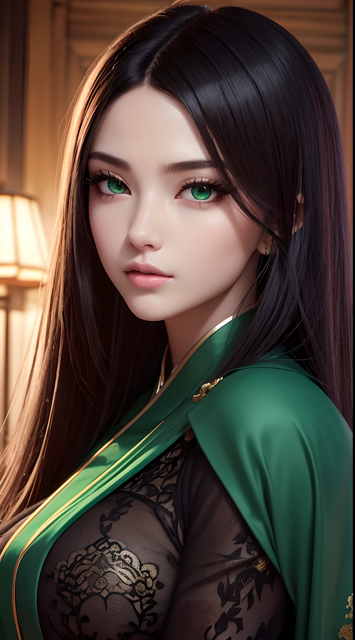 Xianxia, Ultra detailed beautiful woman, voluminous breasts, of a 20-year-old woman, Stunningly beautiful, black color hair, variety hairstyle, green color eyes, very long eyelashes, green long closed robe, Stunningly beautiful face, holographic, ultra detailed illustration, hit definition, Very bold and bright colors, 32K resolution, Best Quality, voluminous lighting, masterpiece, ultra realistic , High-quality detailing,