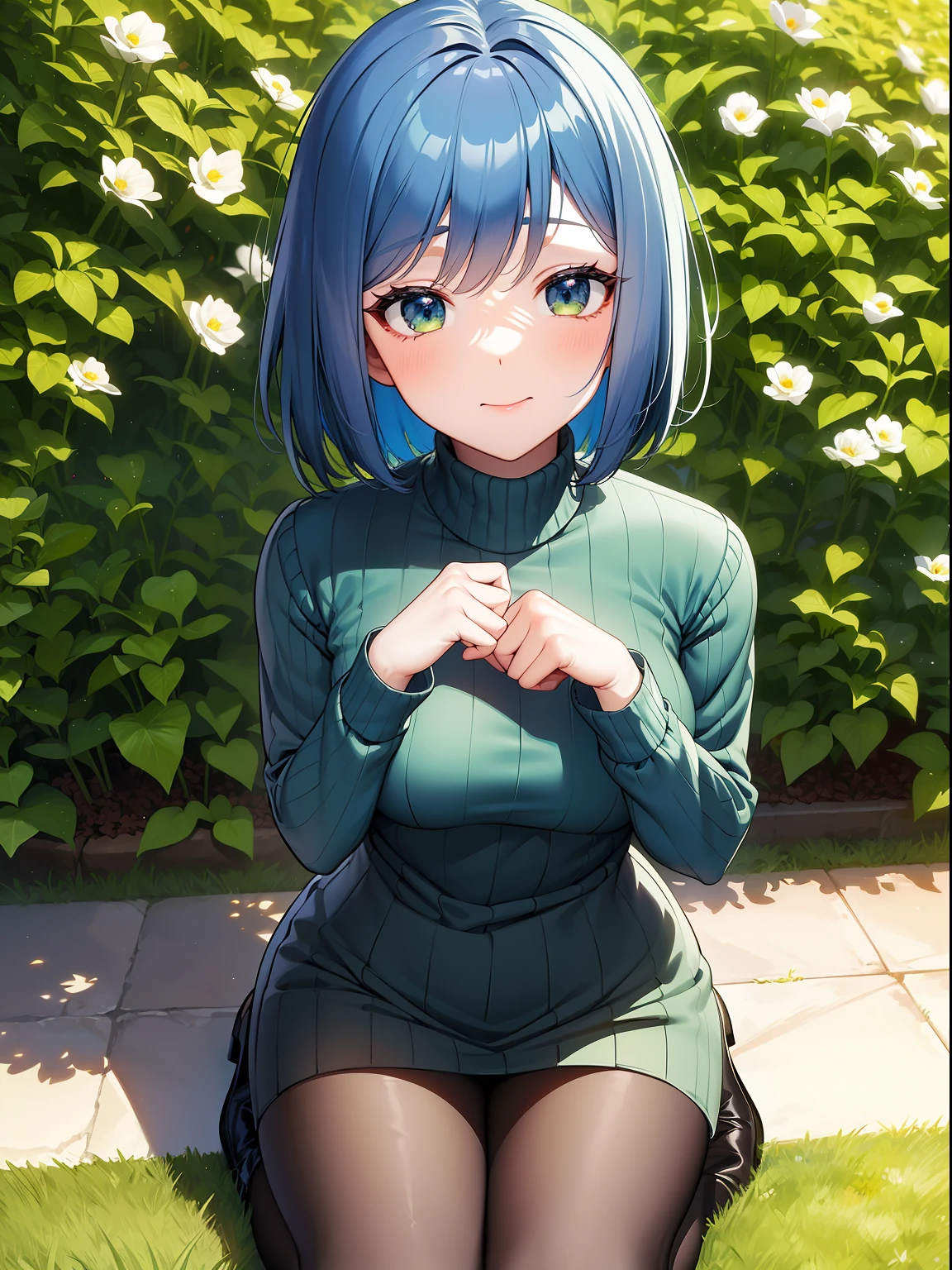 kawaii　a beauty girl　A blue-haired　short-haired　bob cuts　fluffy hair　light green  eyes　((Black sweater))　turtle neck　long-sleeve　Moe Sleeve　Pants stockings　Brown boots　Flower Garden　((high-level image quality　hightquality　ultra-detailliert　8K)) Only 1 person　ssmile　1 girl in　Detailed and delicate face　Ruffled skirt　beautiful and delicate eyes　Fine details　amaryllis　((Anime-like illustrations))　High school students　Medium chest　kawaii pose　teak　Cute clothes　‎Garden　Sitting on the ground　Black hairpin　maidennurse　Embarrassed expression