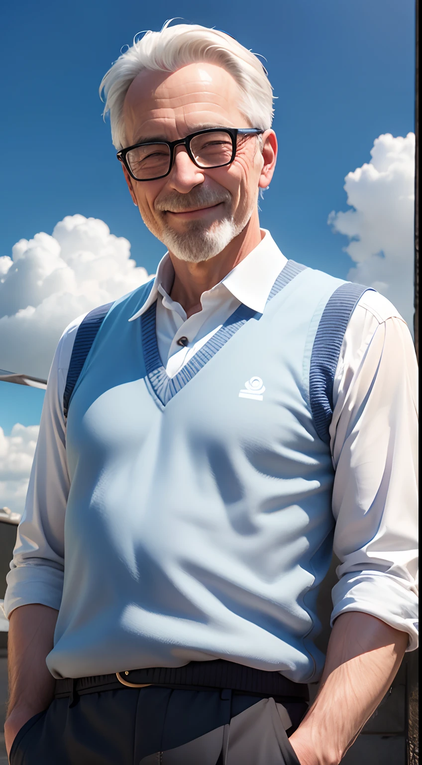 A 50-year-old European man，Dress modestly，Emoji smile，The background is blue sky and white clouds