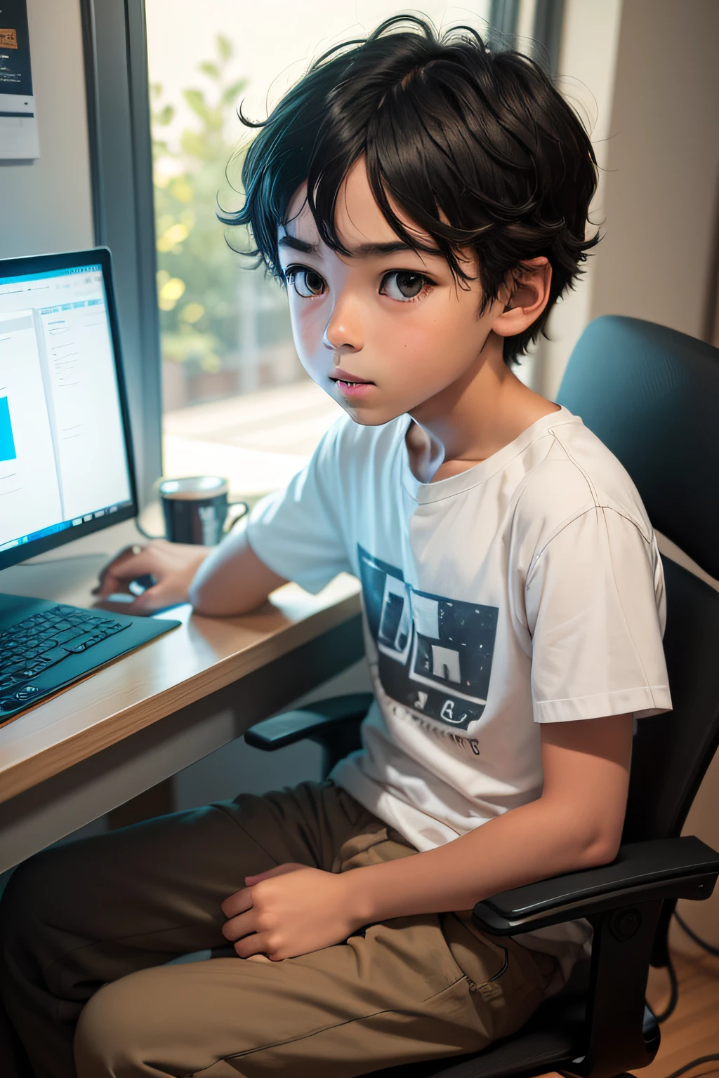 little 6 year old japanese boy with brown hair, whole body, tight black shorts, half shirt, seated, downstairs bedroom, whole body, View from above,laptop gaming, player, playing
