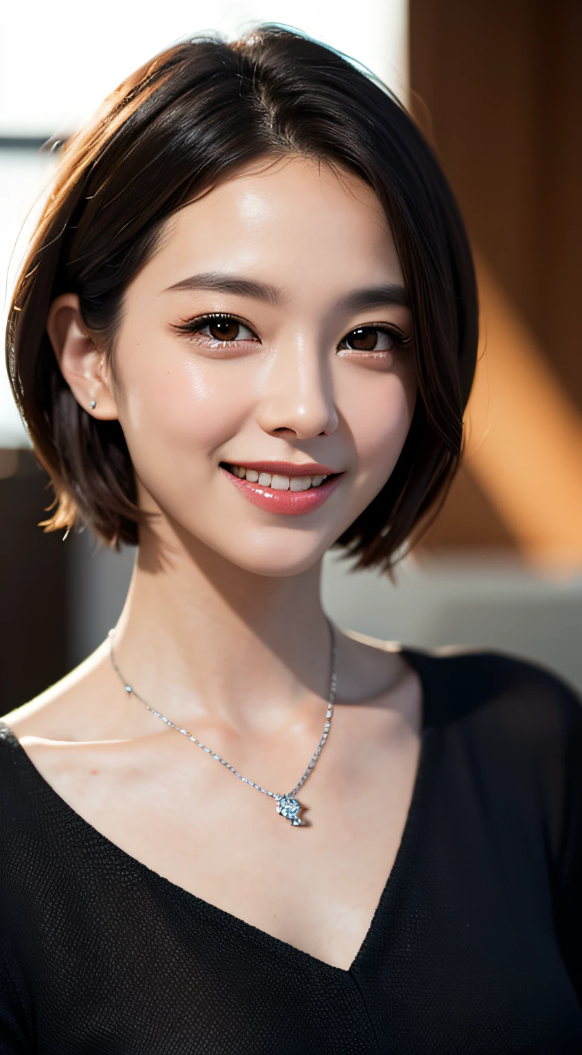 masterpiece, Best quality, Raw photorealism, Smile, big smile, happy expression, Beautiful girl, Cute, Short hair, very short hair, small breasts, depth of field, High resolution, Ultra detail, Very detailed eyes and face, Sharp pupils, Realistic pupils, full-body,stand up, big necklace, silver necklace, Sharp focus, Movie lighting, soft lighting,