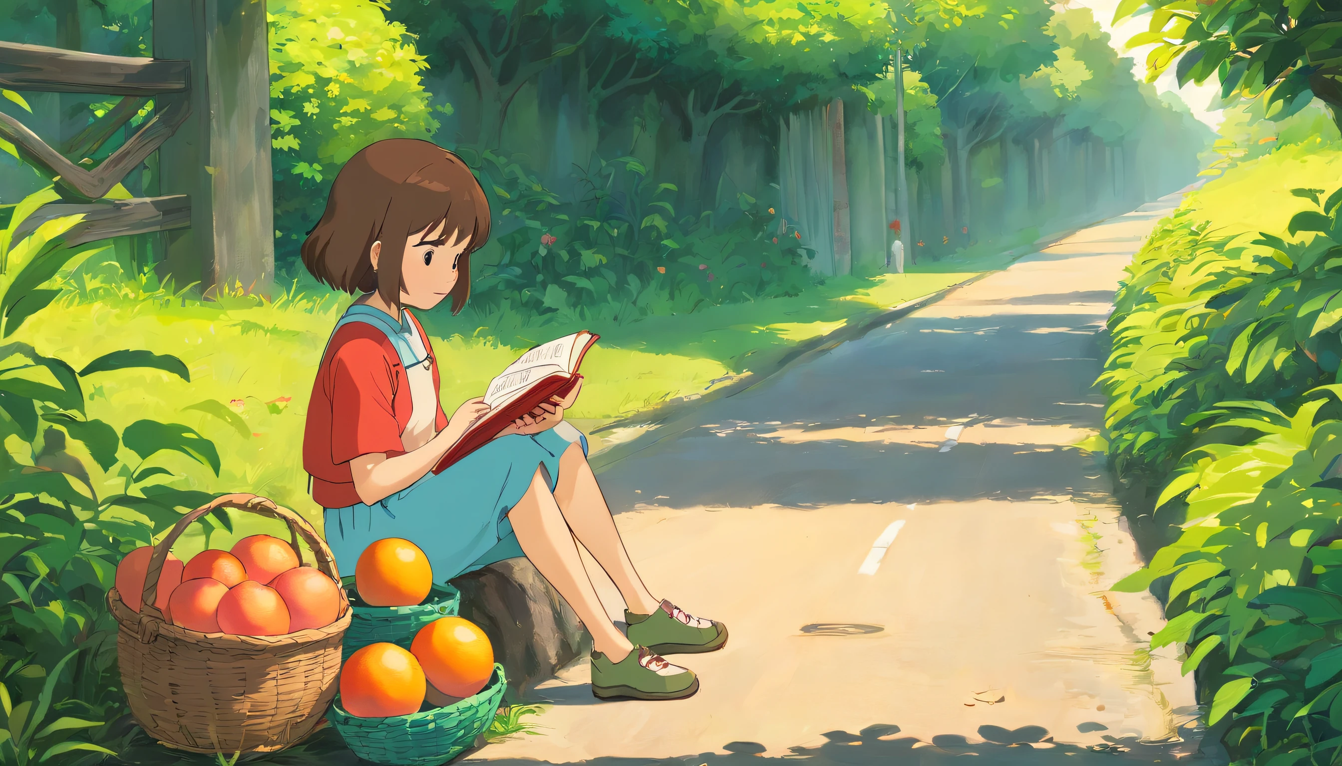 A sitting on the side of the road reading a book,Next to it are two baskets of grapefruit