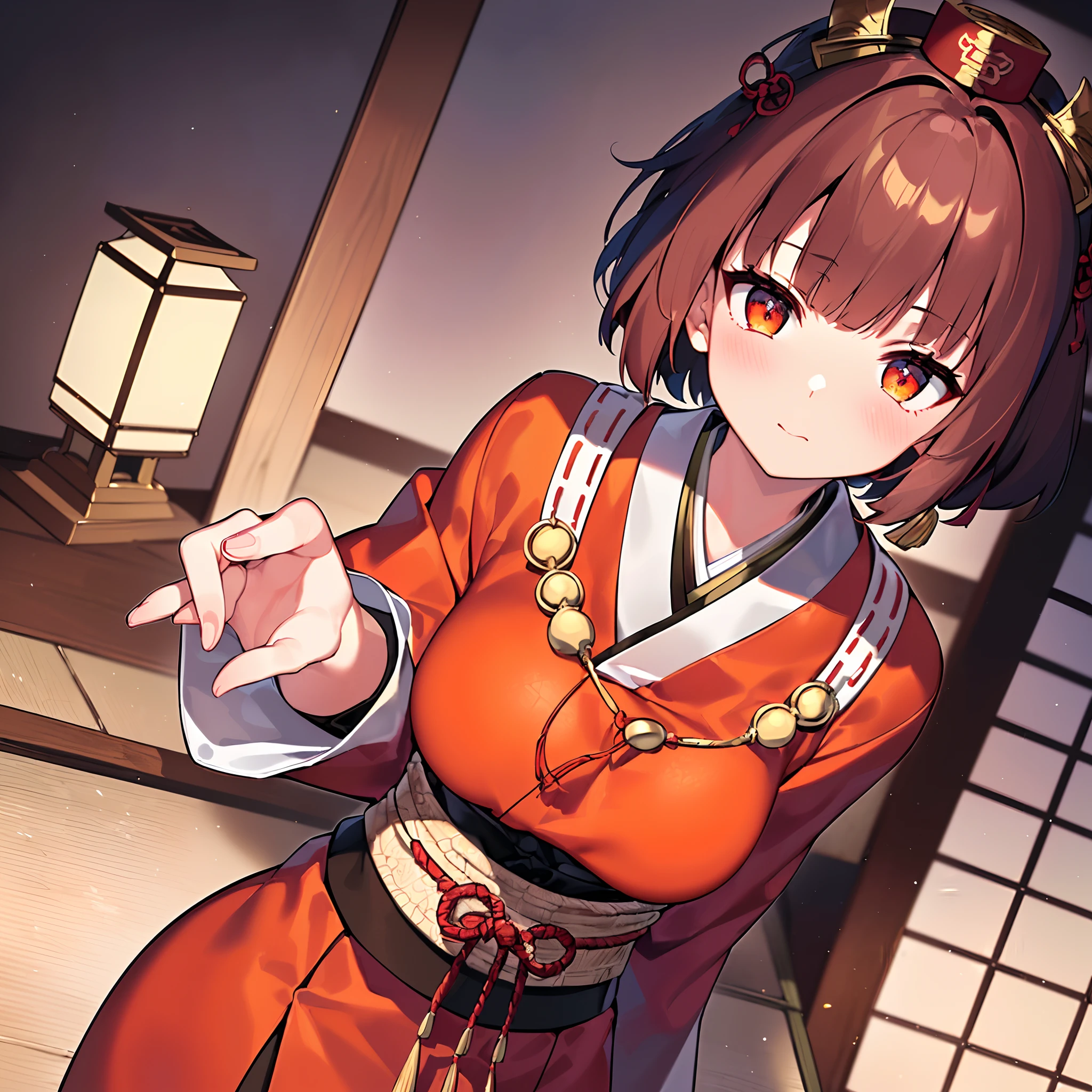 (8K, Best quality, tmasterpiece:1.2),\(eye detailed\),\(Facial features\),(\(Clothes detail details\)\),(Medium breasts),full bodyesbian,(Facial focus) ,Very detailed CG unity 8K wallpaper,hugefilesize,ultra - detailed,A high resolution,absurderes,beautidful eyes,Ray traching,dramatic shadow,finely detailled,Dramatic angles,Hyper-detailing,(1 girl:1.3),(Solo),Brown hair,Deep red eyes,(The uniform of the priest in charge of the sacrifice:1.3),White-colored skin,(The coat of the priest's uniform was orange-red，The design is based on the Haori costume worn by Japanese samurai:1.4)+(The inner lining of the priests is plain white：1.3),(atheletic body:1.2),(outside,the night:1.2)+(Japanese courtyard:1.3)+[(Inception:1.2)]