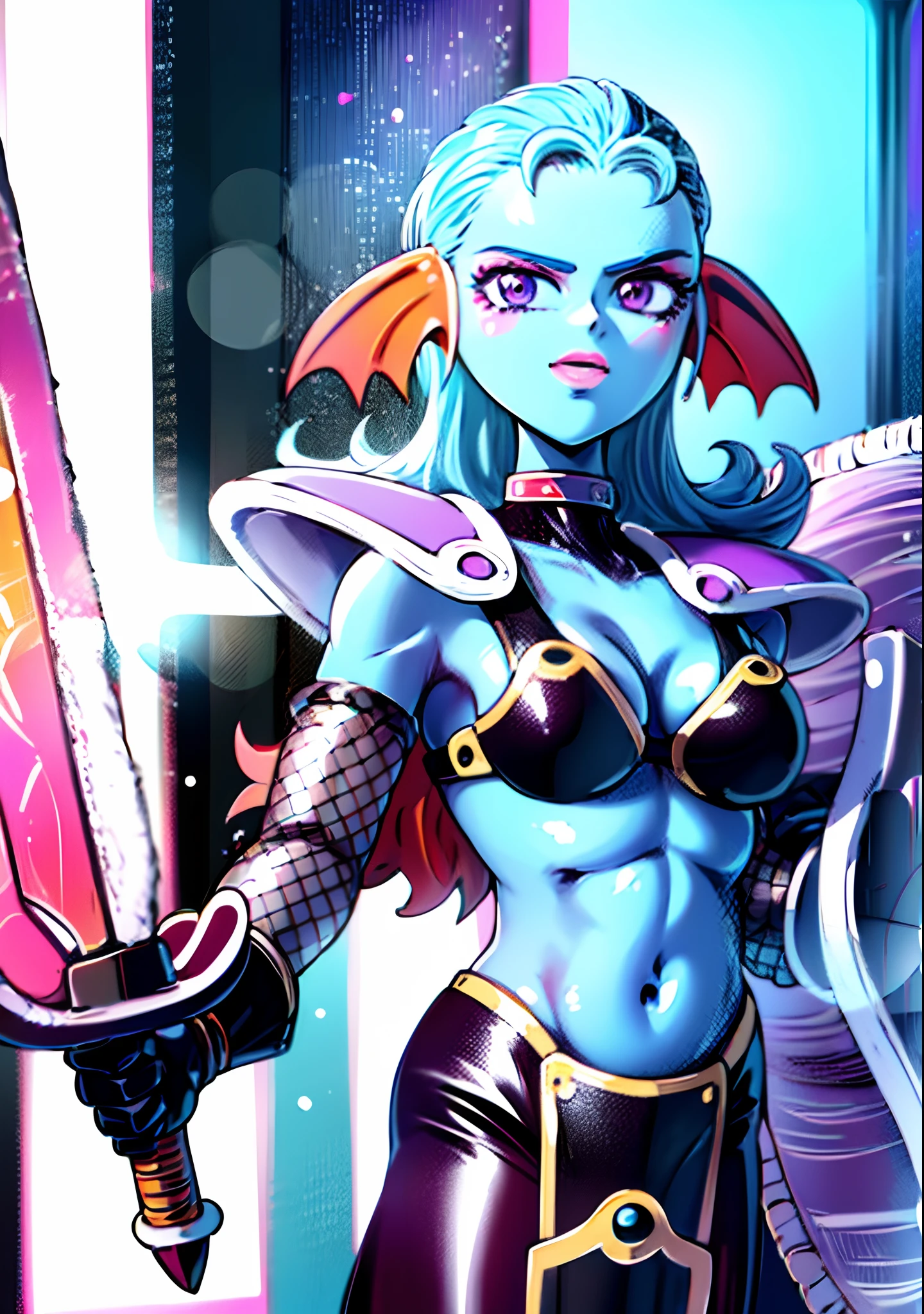 8K,High quality,Anime,married,Beautiful woman,Bright,Eye Highlights,Purple eyes,Sexy,ultra gigantic tits,oversized tits,Dark blue ,Erotic,beautiful line art. Blue skin, Blue and orange gradient fins, Black Bikini Armor, holding swords, Holding Shield, Bejeweled ornaments and bikini armor, Highly revealing outfits, Dark Facial Makeup,Light blue skin of the belly、Paws have light blue skin、