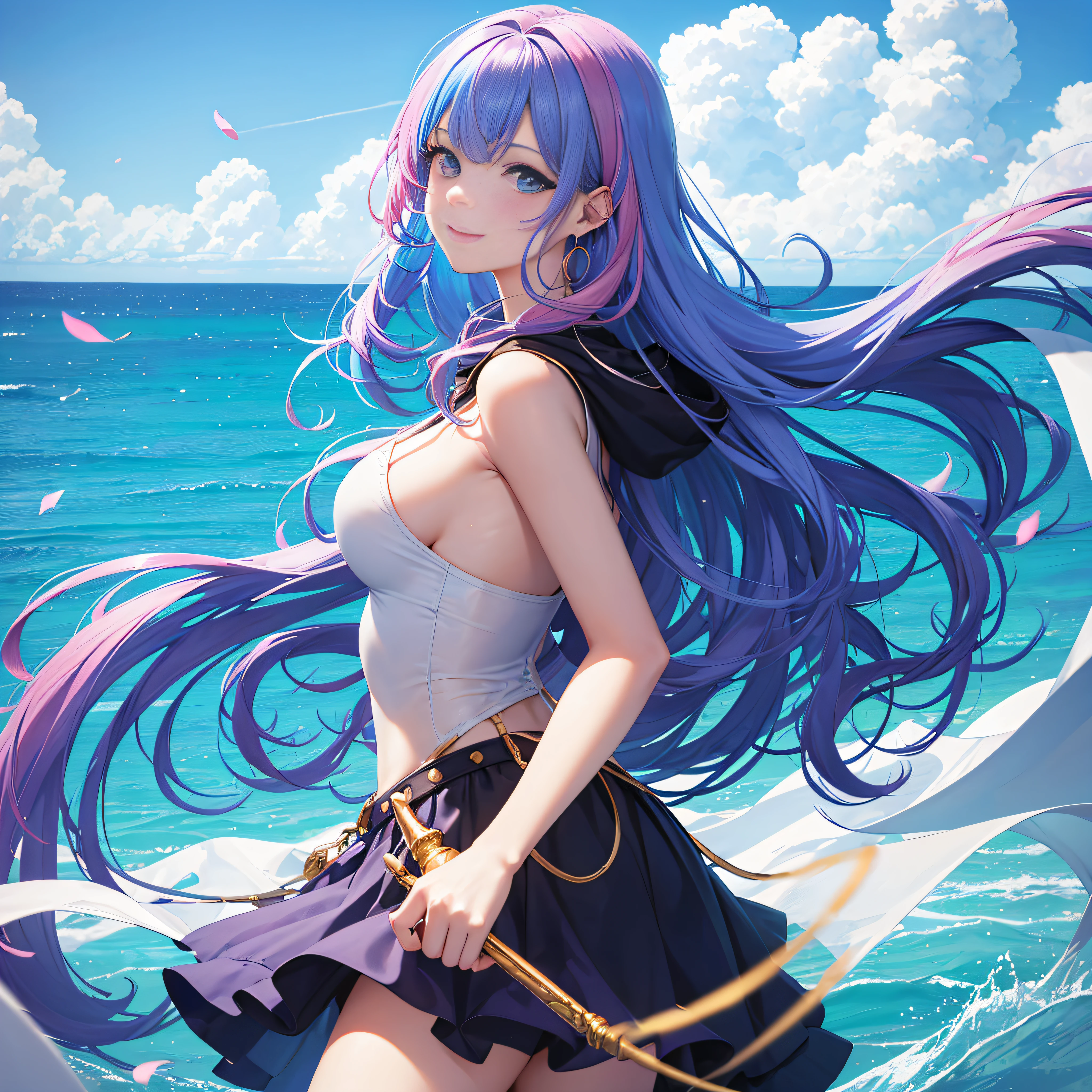 1 girl, (Iridescent hair, Colorful hair, Half blue and half pink hair: 1.2), , Blue_skyporn, holding a magic wand, Summer (season), flower petals_SUI_Liquid, Hooded black cloak, Red and black ripped dress, Skirt: 1.2, (gold long curly hair: 1.5), skyporn, plein air, Clouds, Bangs, Smile, sky-blue eyes, Bare shoulders, Perfect hands, Hand Details, Repaired finger. earrings, Sea + Background, up looking_で_viewer, Cowboy Shot, of the highest quality, rich detail, Perfect image quality, Sunrise --auto