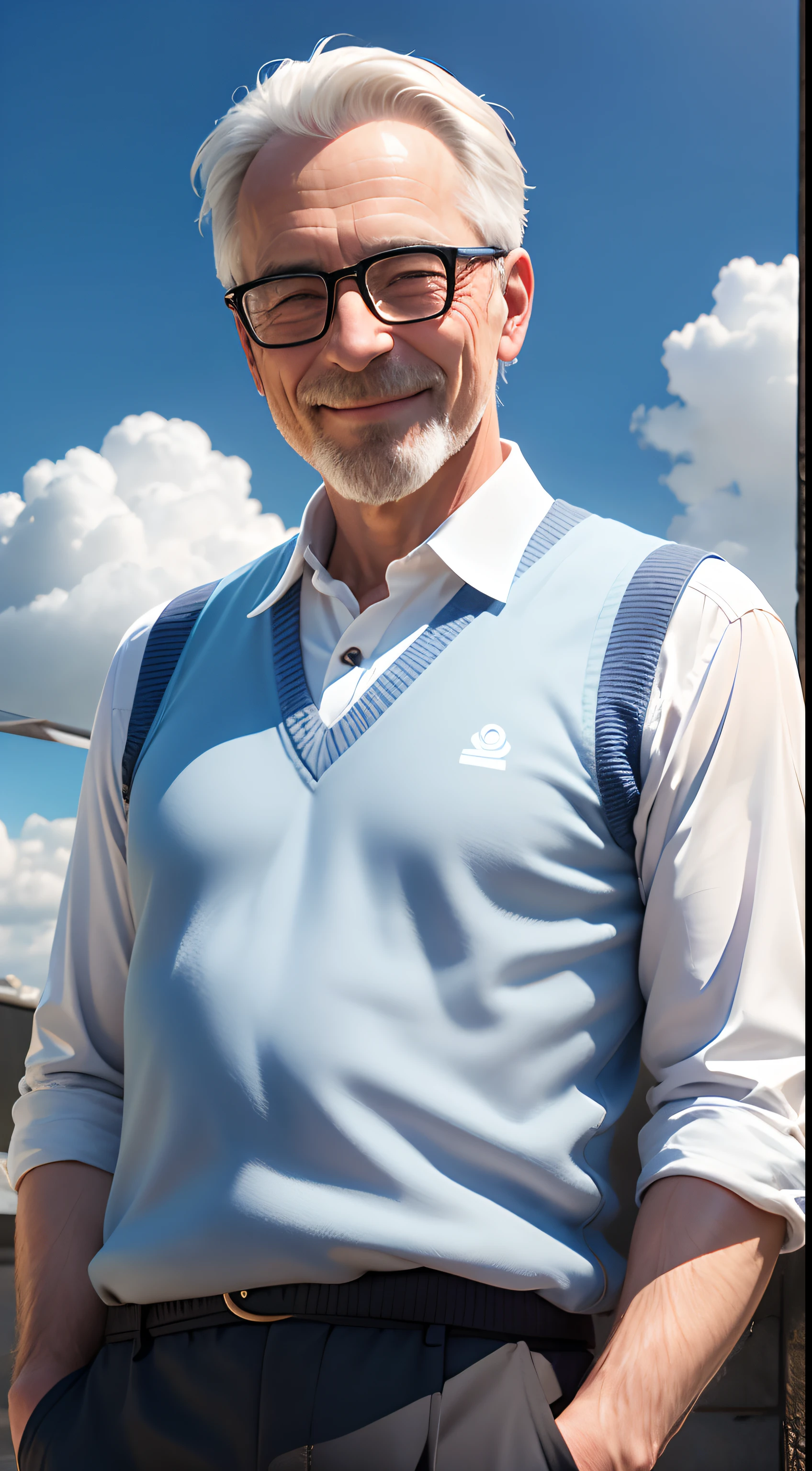 A 50-year-old European man,Dress modestly,Emoji smile,The background is blue sky and white clouds