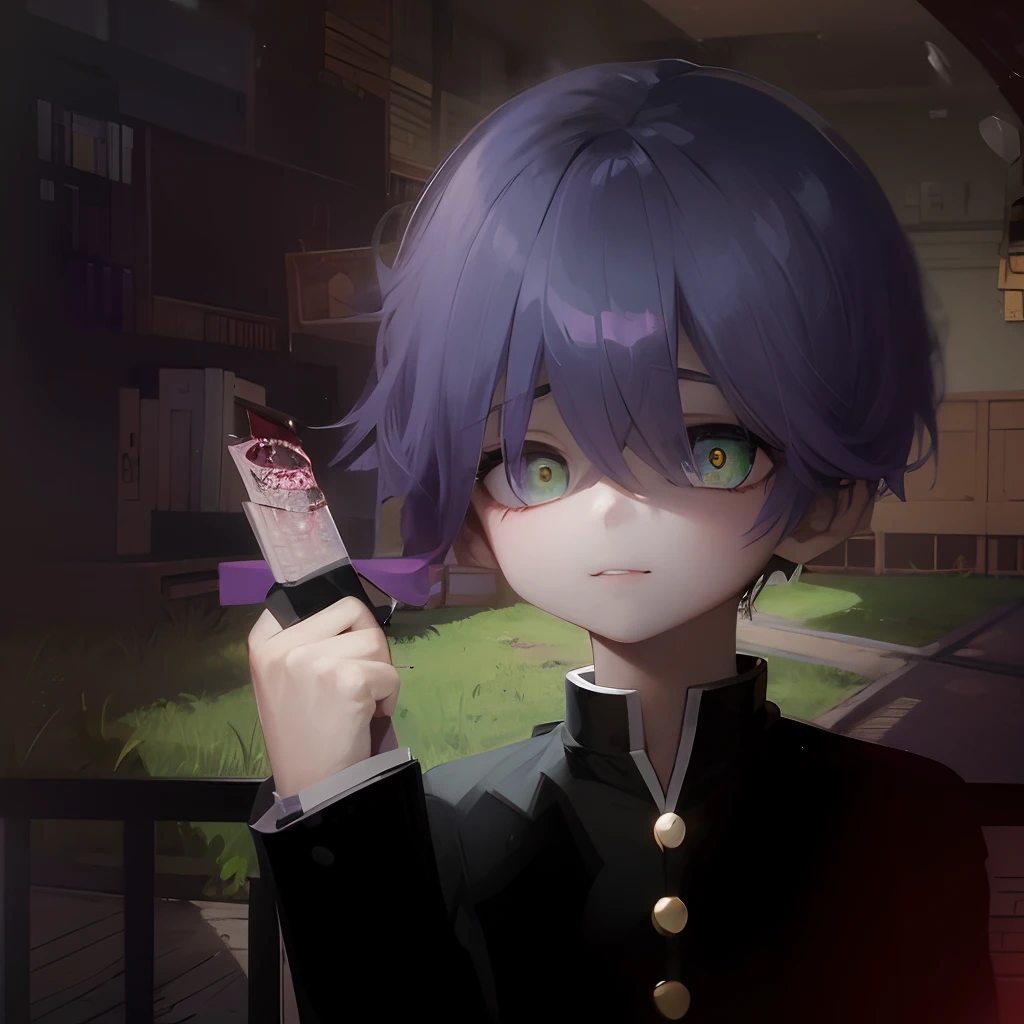 Male child、Purple hair、Green eyes、yandere、pupils on、Maniacal