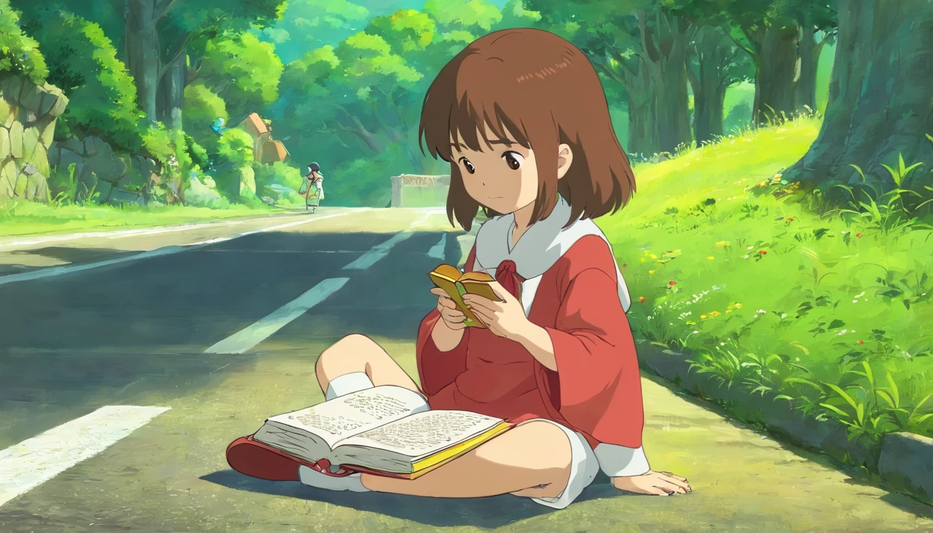 A little girl sitting on the side of the road reading a book,Front close-up