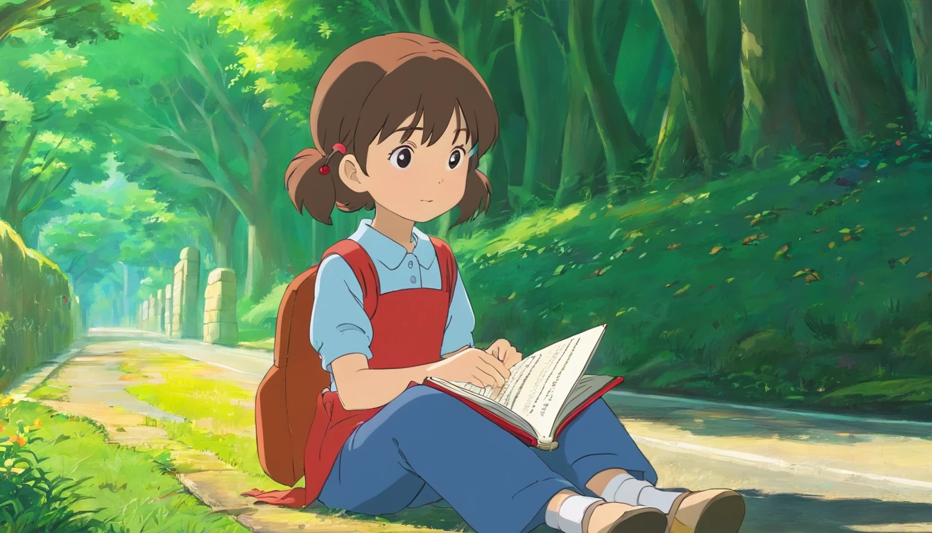 A little girl sitting on the side of the road reading a book，Front close-up