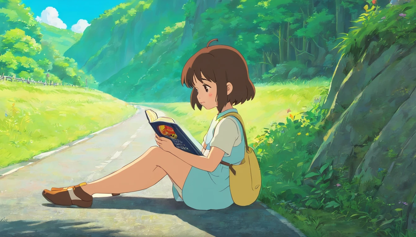 A little girl sitting on the side of the road reading a book，Front close-up