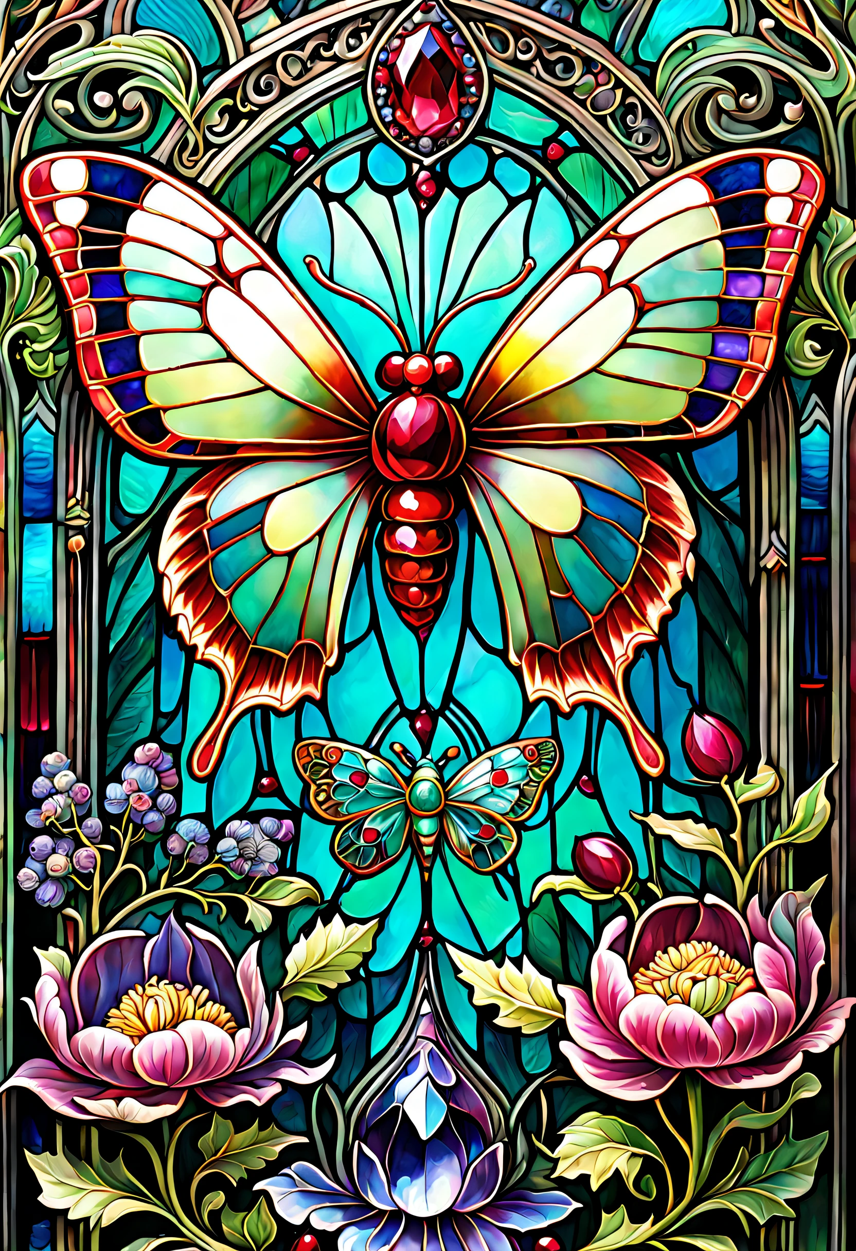 triadic colors, Cinematic, offcial art, Close fairy tale transparent glass moth ruby peony flower, icecreen, baroque, craola, Highly detailed stained glass wing, Amethyst crystals, Labradorite iridescent crystals, Andy Keeho, John Blanche, Complex and highly detailed background, Detailed illustration of children's book, fantasy, filigree, filigree detailed, iintricate, Cute
