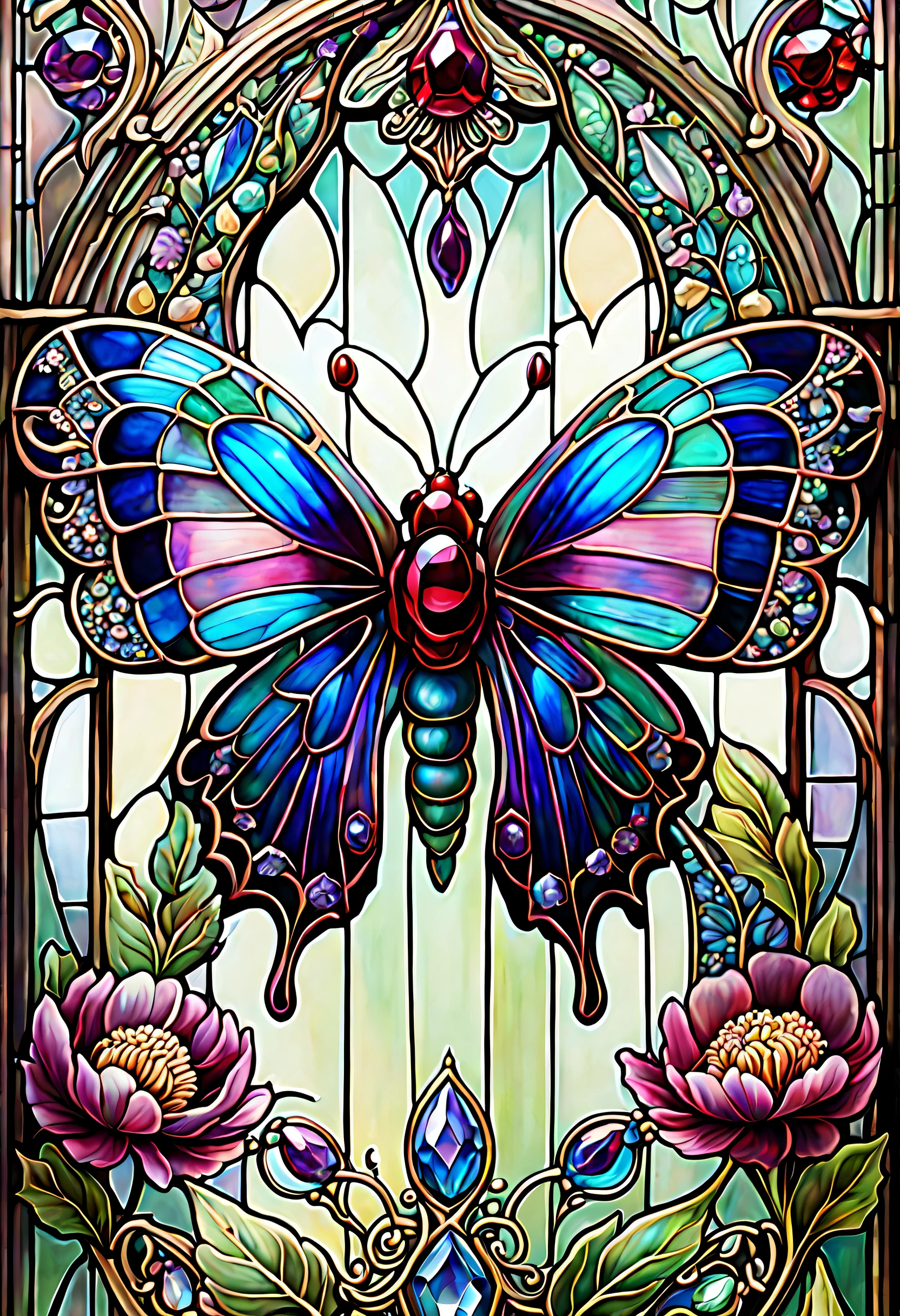 triadic colors, Cinematic, offcial art, Close fairy tale transparent glass moth ruby peony flower, icecreen, baroque, craola, Highly detailed stained glass wing, Amethyst crystals, Labradorite iridescent crystals, Andy Keeho, John Blanche, Complex and highly detailed background, Detailed illustration of children's book, fantasy, filigree, filigree detailed, iintricate, Cute
