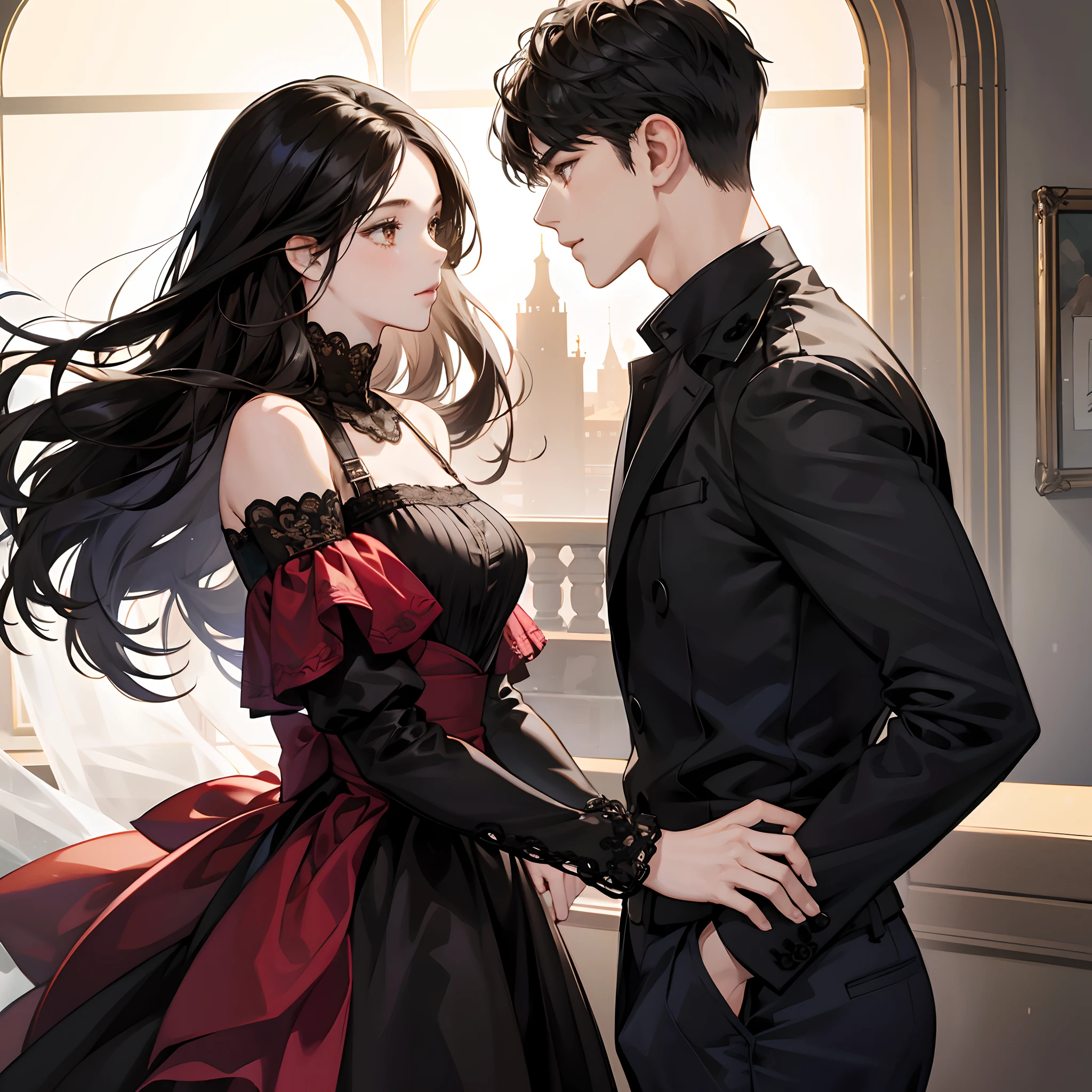 couple, 1 Girl 1 Boy, different hair color, Long black hair, Short brown-black hair, Romance,Ambiguous,There is a height difference,The background is in the garden