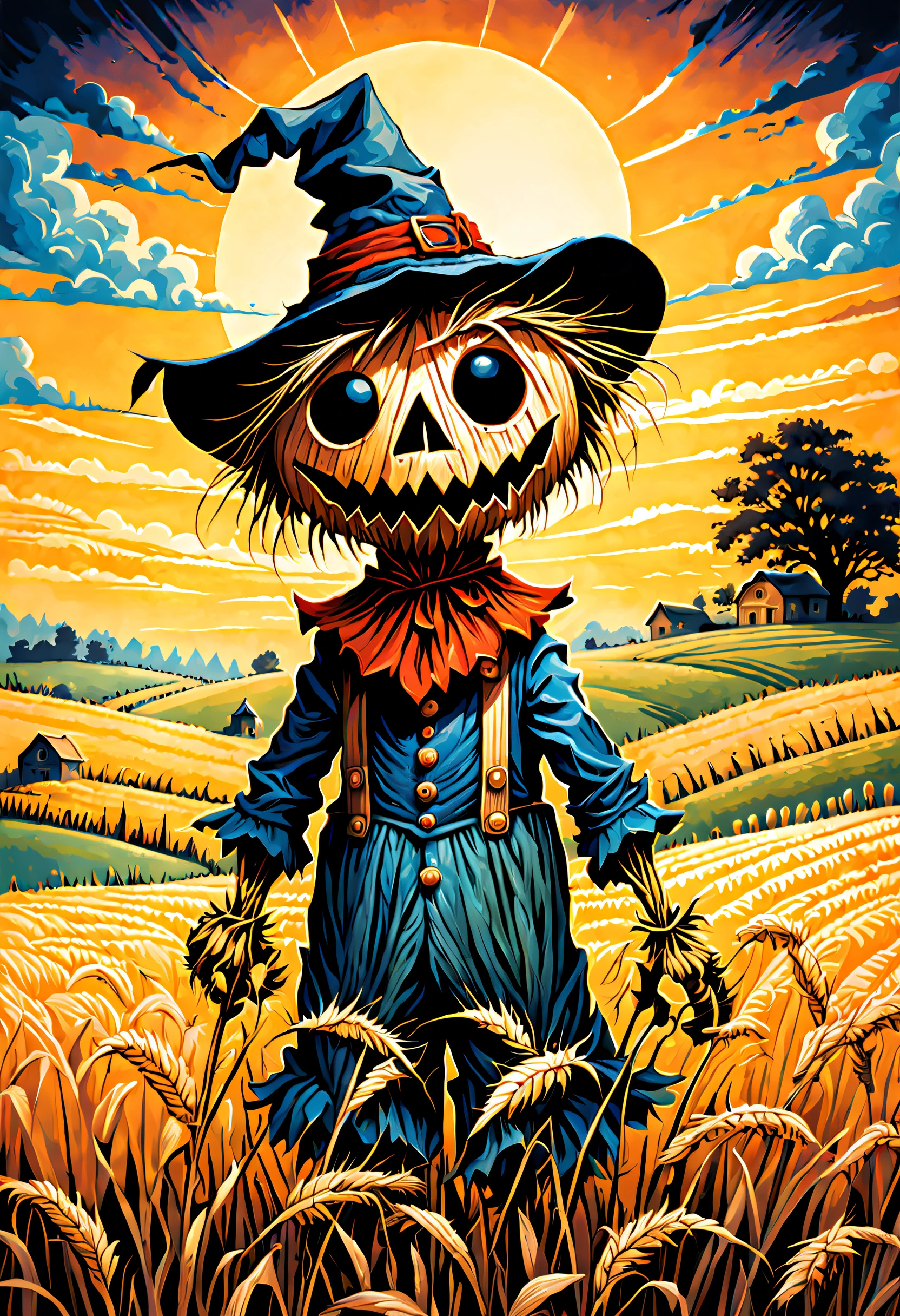 summer, best quality, ink painting, acrylic, detailed straw cute scarecrow little gremlin creature on a rye field, cornflowers, sunrise, farm house, by Craola, Dan Mumford, Andy Kehoe, 2d, flat, cute, adorable, vintage, art on a cracked paper, fairytale, storybook detailed illustration, cinematic, ultra highly detailed, tiny details, beautiful details, mystical, luminism, vibrant colors, complex background
