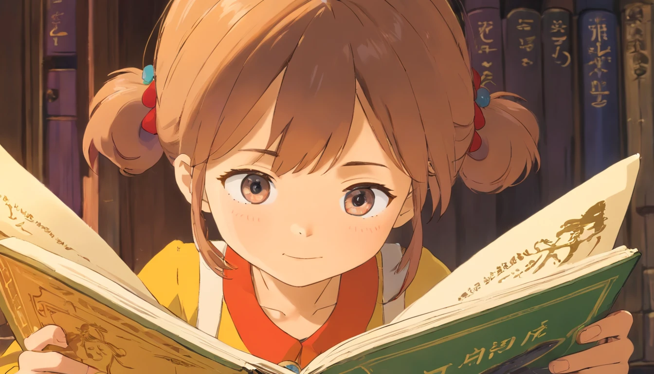 Little girl reading a book，Front close-up