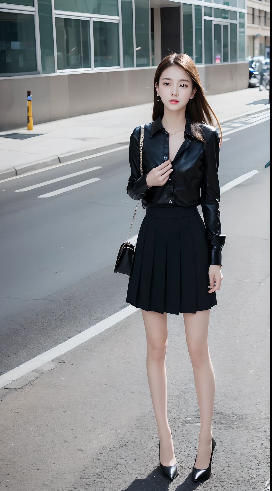 Ultra-clear resolution,top Quority,Young girl,ear studs,Clear eyes,plain face,Gloss on lips,s the perfect face,White skin,Perfect chest,Slender legs,Black office skirt,high-heels,street