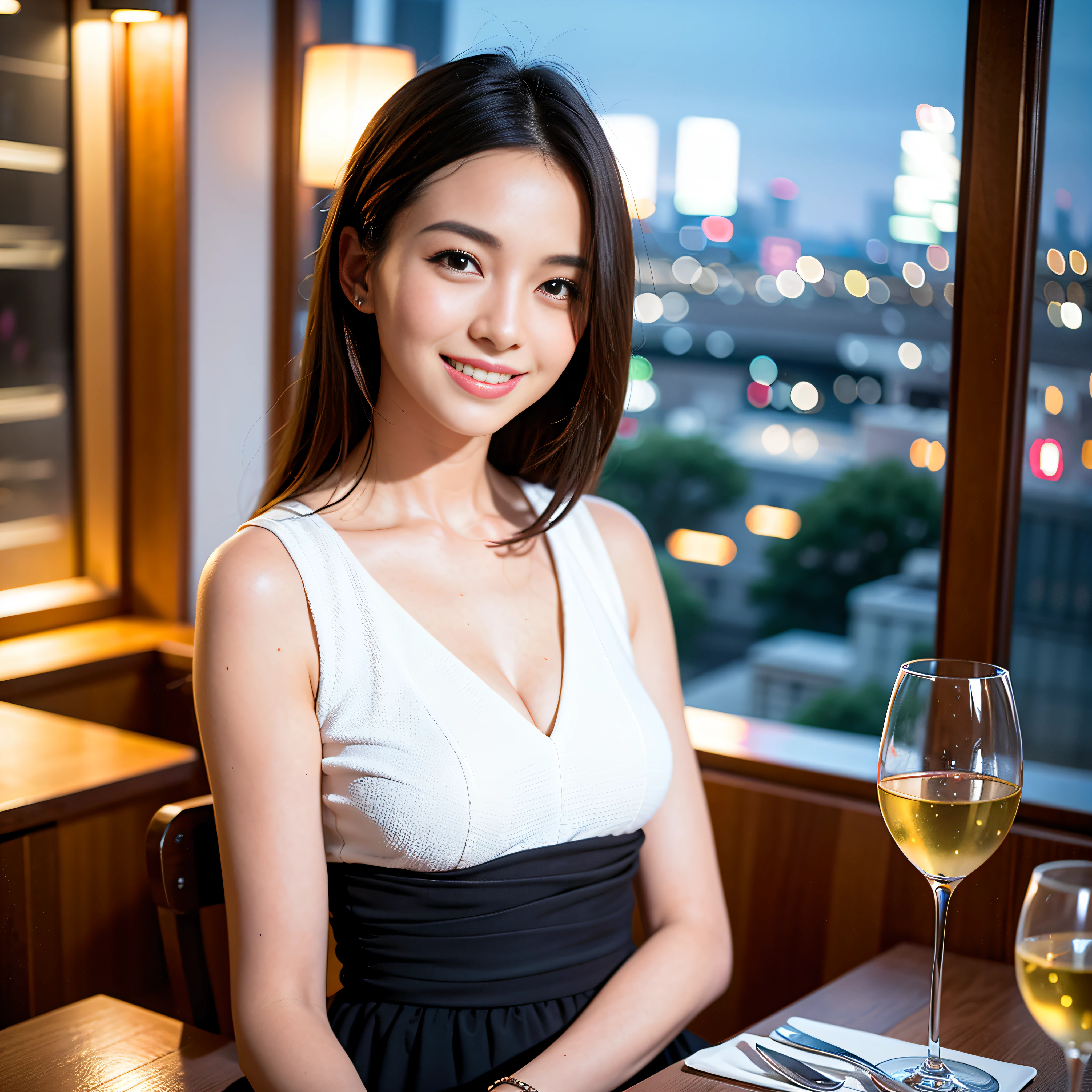 (64K, UHD, top quality, masterpiece: 1.2), (realistic, photorealistic: 1.37), super detailed, pretty woman 1 person, (slim face), (slim body), (brown hair), (short cut), cheeks slightly blushing, (35 years old), 38 years old, solo, beautiful detailed urban night view outside the window, restaurant, wine glasses sit, at night, in a prominent place (from the waist up) NovaFrogStyle, Actress, Model, Waist Up, White Wine, Slim, Wine Glass, Super Clean Night View, Wine Glass Put in the Middle, Happy Smile, (Smile: 1.15), Beautiful Fine Eyes, Upper Body, Bust Japan Up, Night, Short, Short, Actress, Model, Waist Up, White Wine, Slim, Wine Glass, Super Clean Night View, Wine Glass Put in the Middle, Happy Smile,