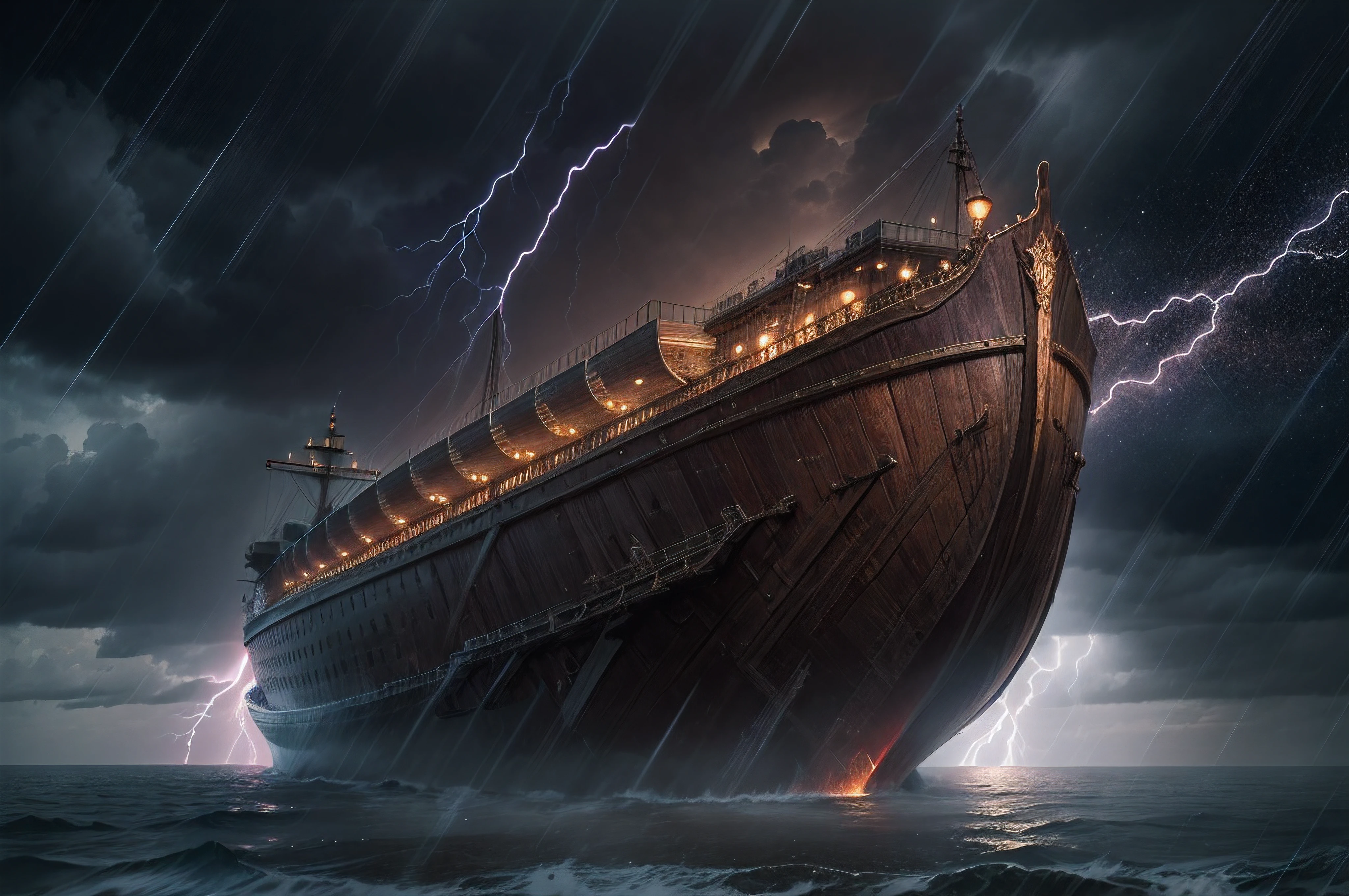 Noah's Ark, rain, lightning, Ark is flying, in the space, dark sky, the ship's hull is a combination of wood and metal, high resolution, cinematic,