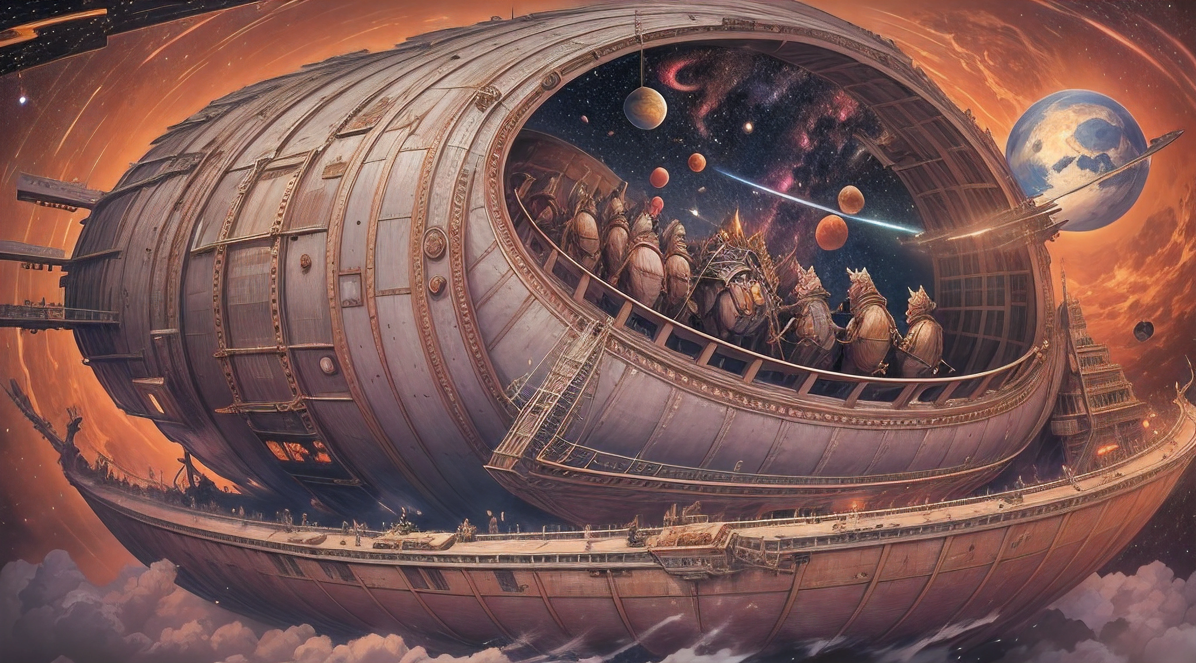 The metal Noah's Ark flies through space towards Mars