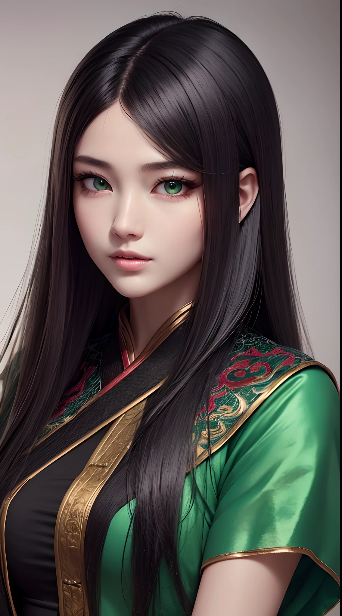 Xianxia, Ultra detailed beautiful woman, voluminous breasts, of a 20-year-old woman, Stunningly beautiful, black color hair, variety hairstyle, green color eyes, very long eyelashes, green Xianxia robe, Stunningly beautiful face, holographic, ultra detailed illustration, hit definition, Very bold and bright colors, 32K resolution, Best Quality, voluminous lighting, masterpiece, ultra realistic , High-quality detailing,