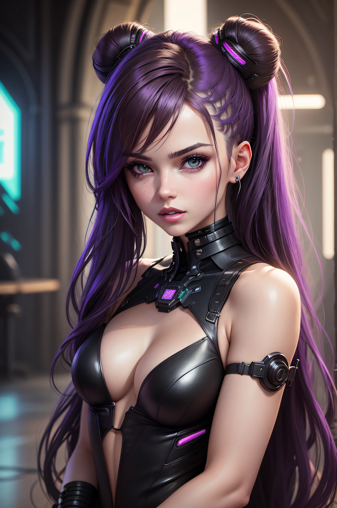 Create a realistic 3D model of a beautiful girl with long, dark brown hair featuring violet highlights, green eyes, and deep purple lips. Her complexion should be fair and her attire in a sexy underwear Gothic style. The scene should display her in an American shot, sexy pose, making sure her gaze is directed towards the camera to establish a connection with the viewer. The background should depict the interior of a cyberpunk-style Gothic cathedral, adorned with futuristic elements. There should be a halo of light gently illuminating the girl, giving her an ethereal appearance. The overall design should emphasize both her beauty and the juxtaposition of traditional Gothic aesthetics with a futuristic, cyberpunk twist.