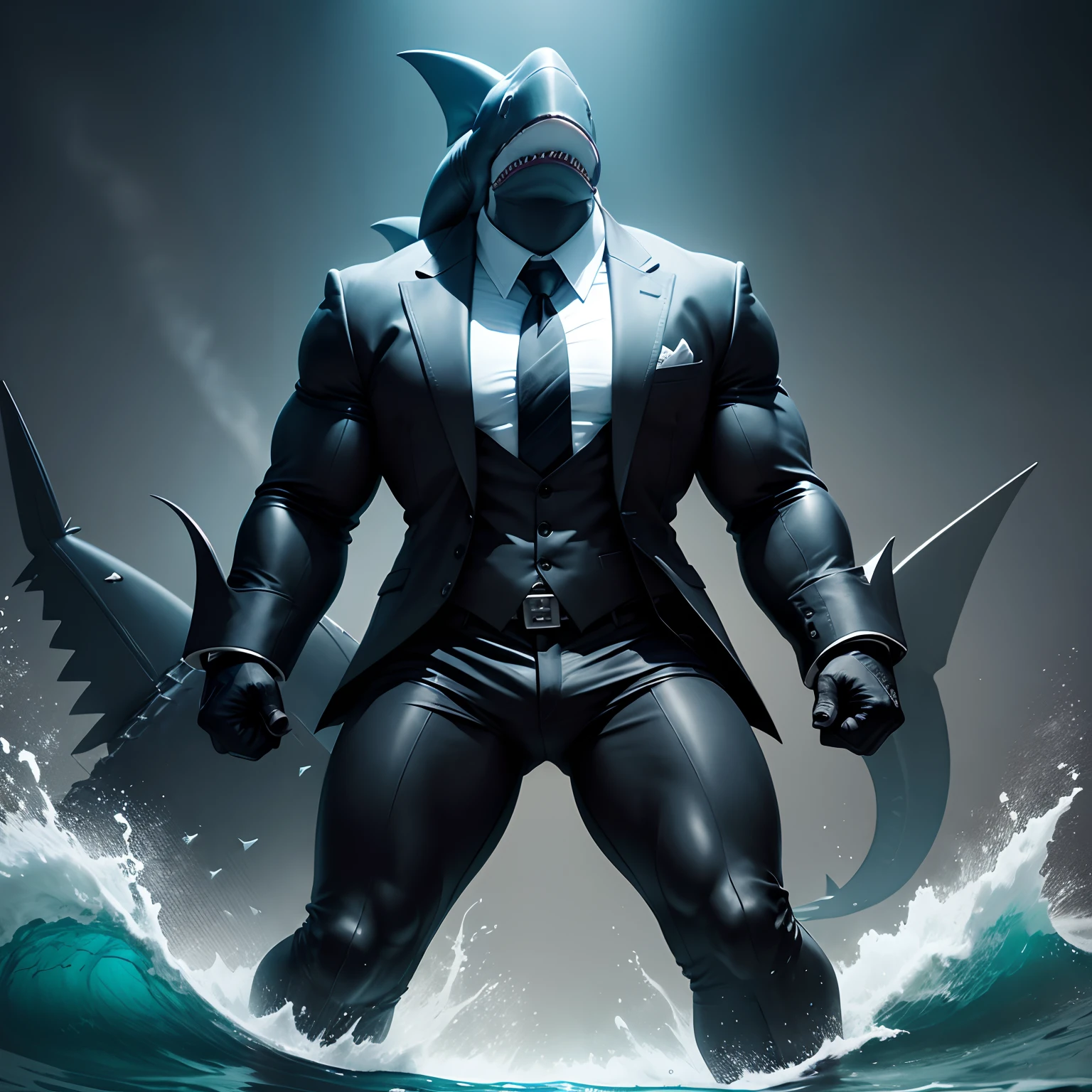 Humanoid shark muscled , with a shark's head black with a tail with 2 huge arms , in suit with a tie , full body