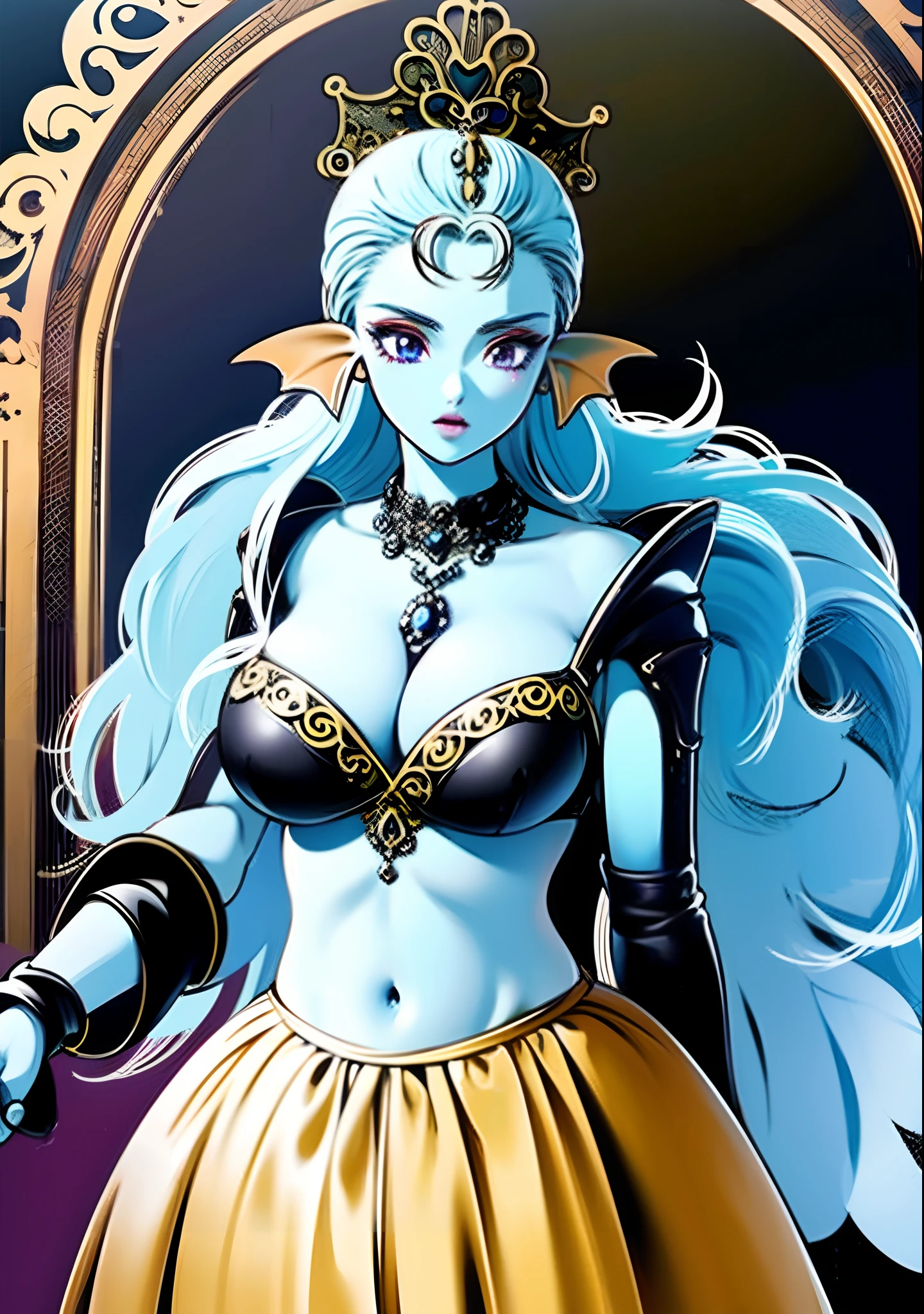 8K,High quality,Anime,married,Beautiful woman,Bright,Eye Highlights,Purple eyes,Sexy,ultra gigantic tits,oversized tits,Dark blue ,Erotic,beautiful line art. Blue skin, Blue and orange gradient fins, Black Bikini Armor, holding swords, Holding Shield, Bejeweled ornaments and bikini armor, Highly revealing outfits, Dark Facial Makeup,Light blue skin of the belly、Paws have light blue skin、