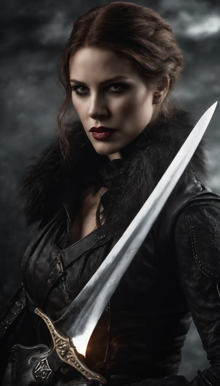 Woman in black dress with two swords,A character in the video game BloodRayne, villainy, Rayne, The Killer Woman, Full-length portrait of Raine, Rayne