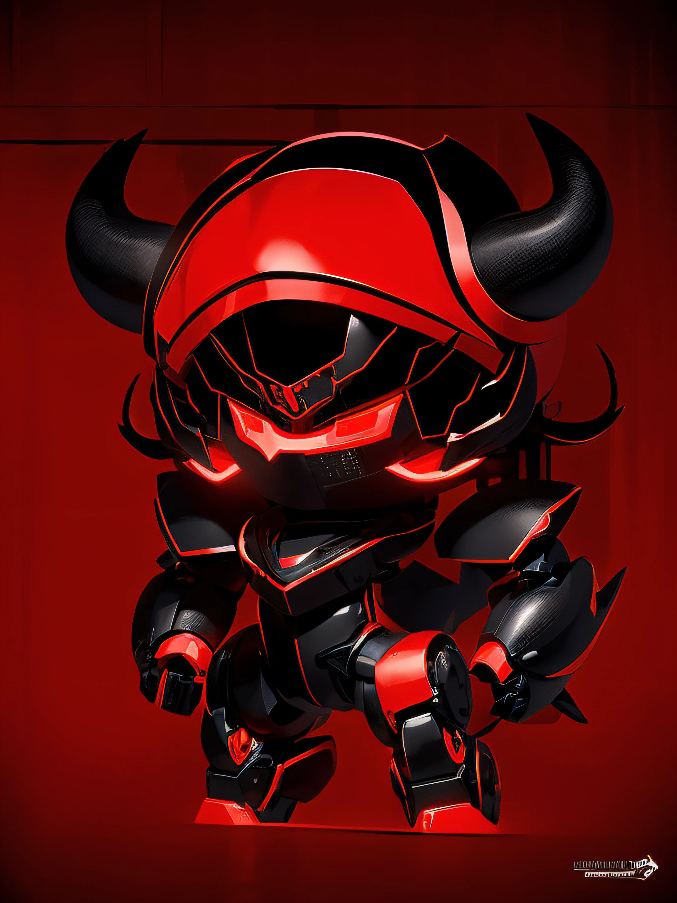There is a red-black robot，The eyes are resolute and powerful，Body edge generates electricity，There are horns on it, cow head, Mechanical wind, Heavy red and black armor, golden taurus, The expression is fierce, Matte black armor, Red metal neo-cubist armor, Beautiful robot character design