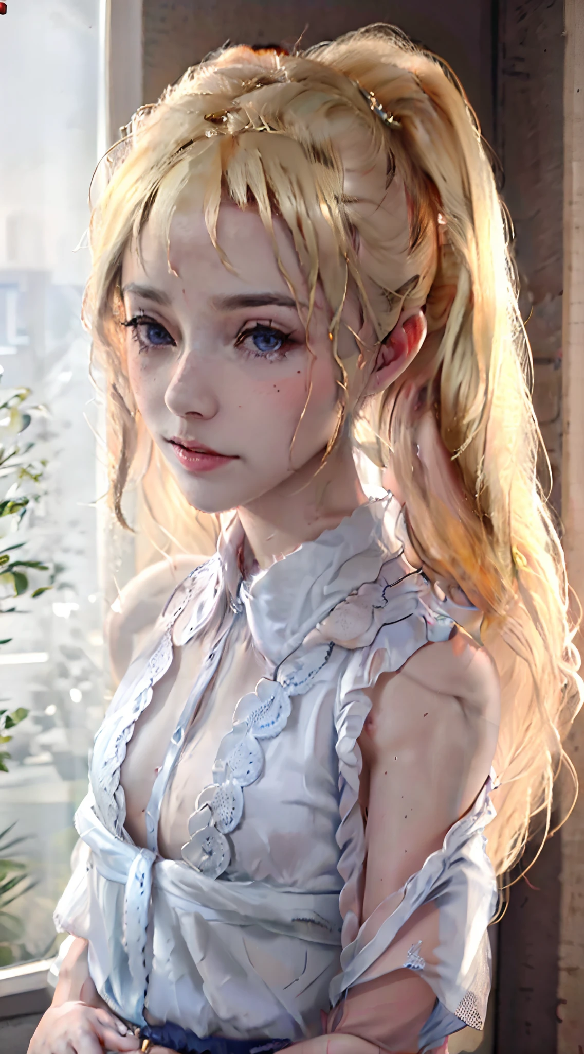 bareness, blonde, half-naked, ponytails, best quality, masterpiece, pastel lingerie, delicate and beautiful, extremely detailed, CG,unity, 8k wallpaper, Amazing, finely detail, masterpiece,best quality,official art,absurdres, incredibly absurdres, huge filesize , ultra-detailed, highres, extremely detailed, beautiful detailed, extremely detailed eyes and face, beautiful detailed eyes, very small breasts, young, large nipples, realistic