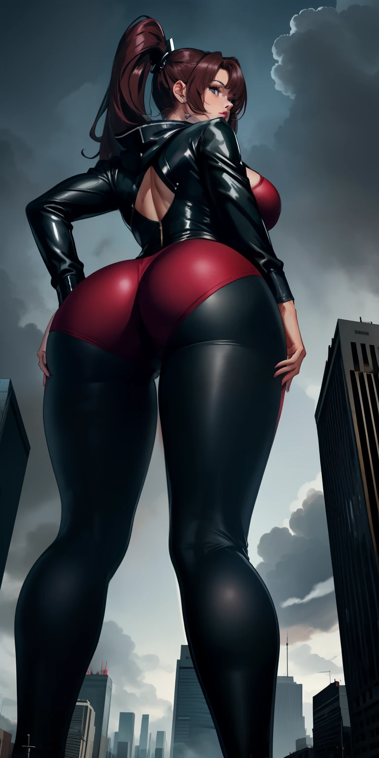 A towering Ariana Grande. Her toned and athletic build hints at her massive strength. She seems to be casually strolling through the bustling cityscape of GTS City, as towering buildings loom overhead. Smoke and clouds roil around her, adding to the sense of epic scale and drama. The lighting is dark, gloomy, and realistic, creating a tense and ominous atmosphere. The perspective is from below, emphasizing the sheer majesty and power of the Giantess. (masterpiece) (UHD) (Perfect detailed eyes) (tight clothes) (perky breasts) (tight ass) (sexy ruby red lips)