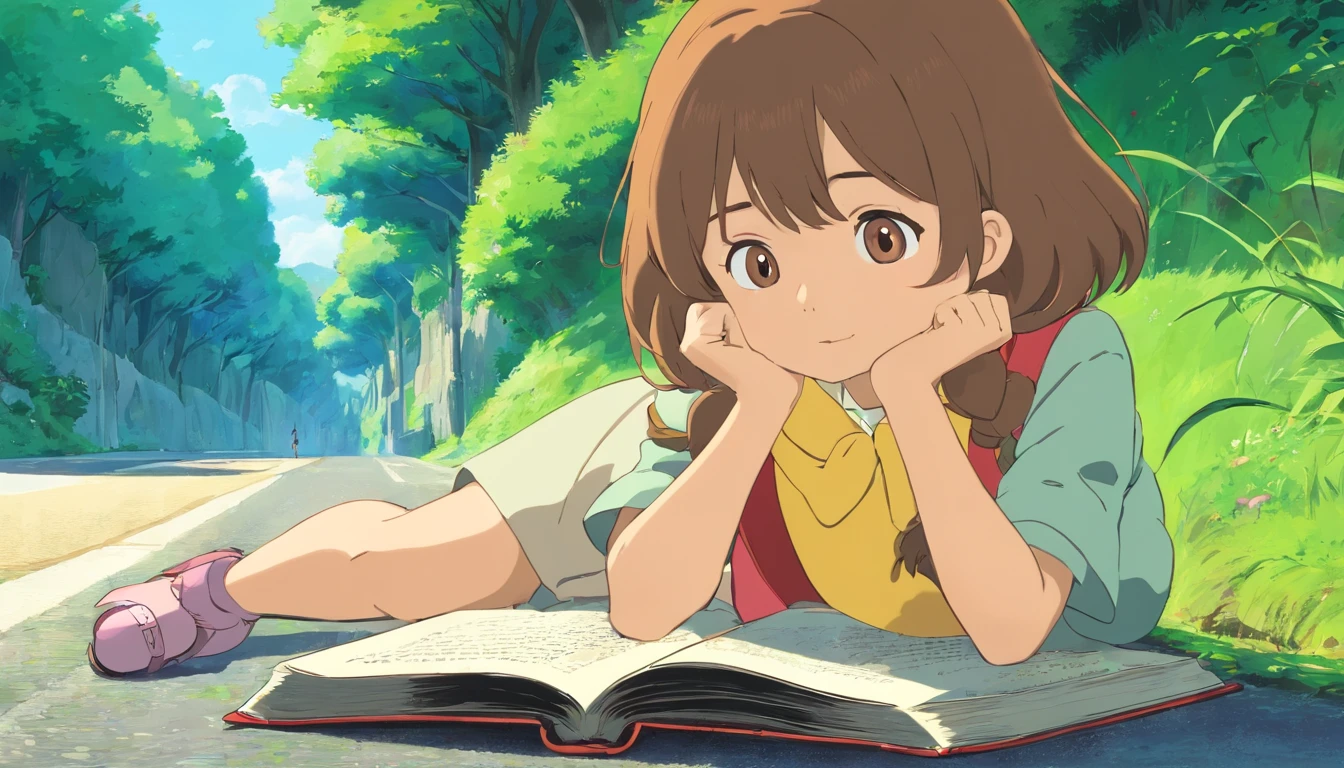 Little girl reading a book on the side of the road，Front close-up