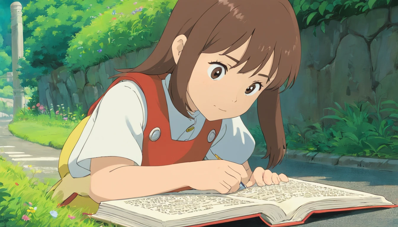 Little girl reading a book on the side of the road,Front close-up