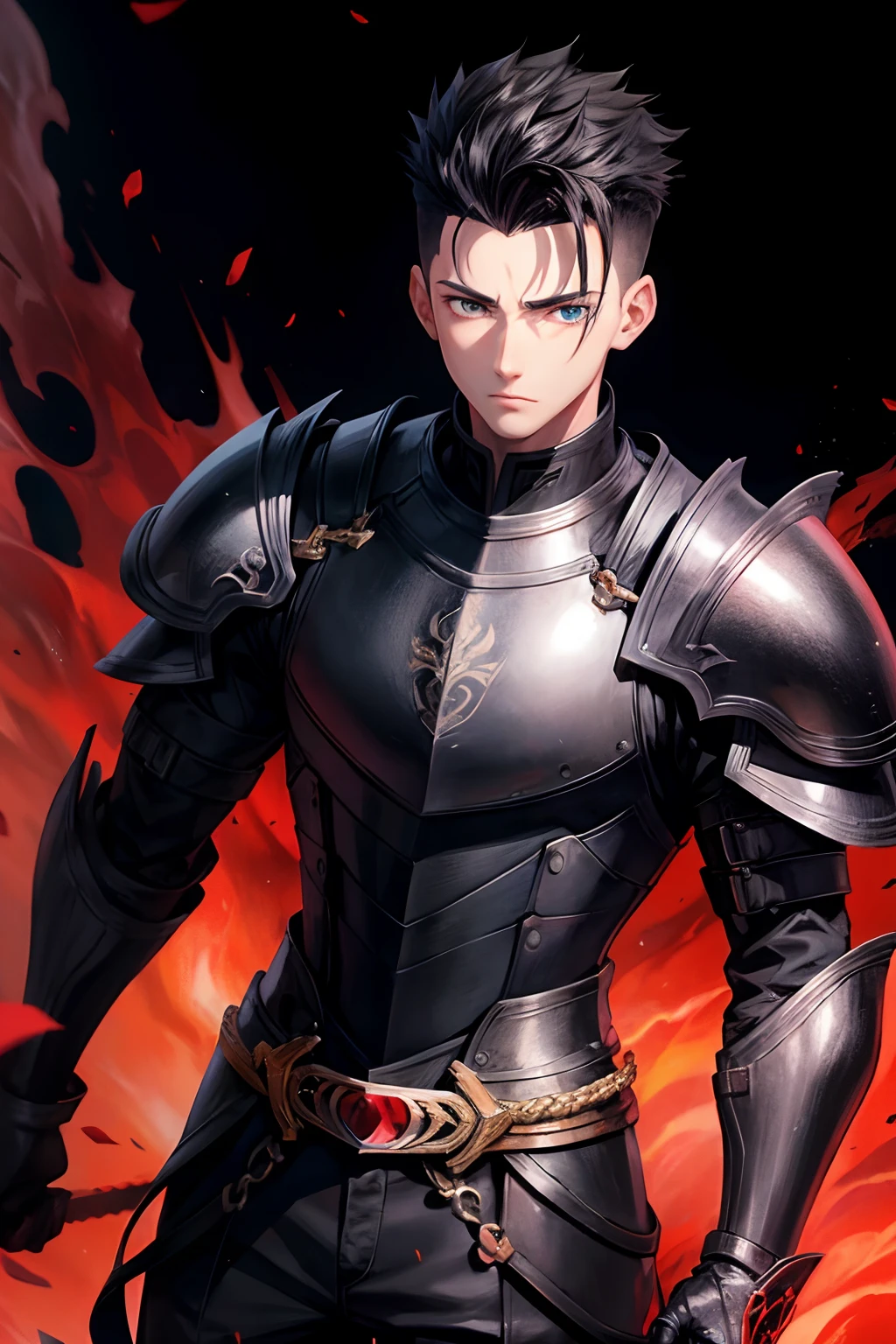 animes eyes, a young man, Black quiff hair with fade, black armor with red details, black background