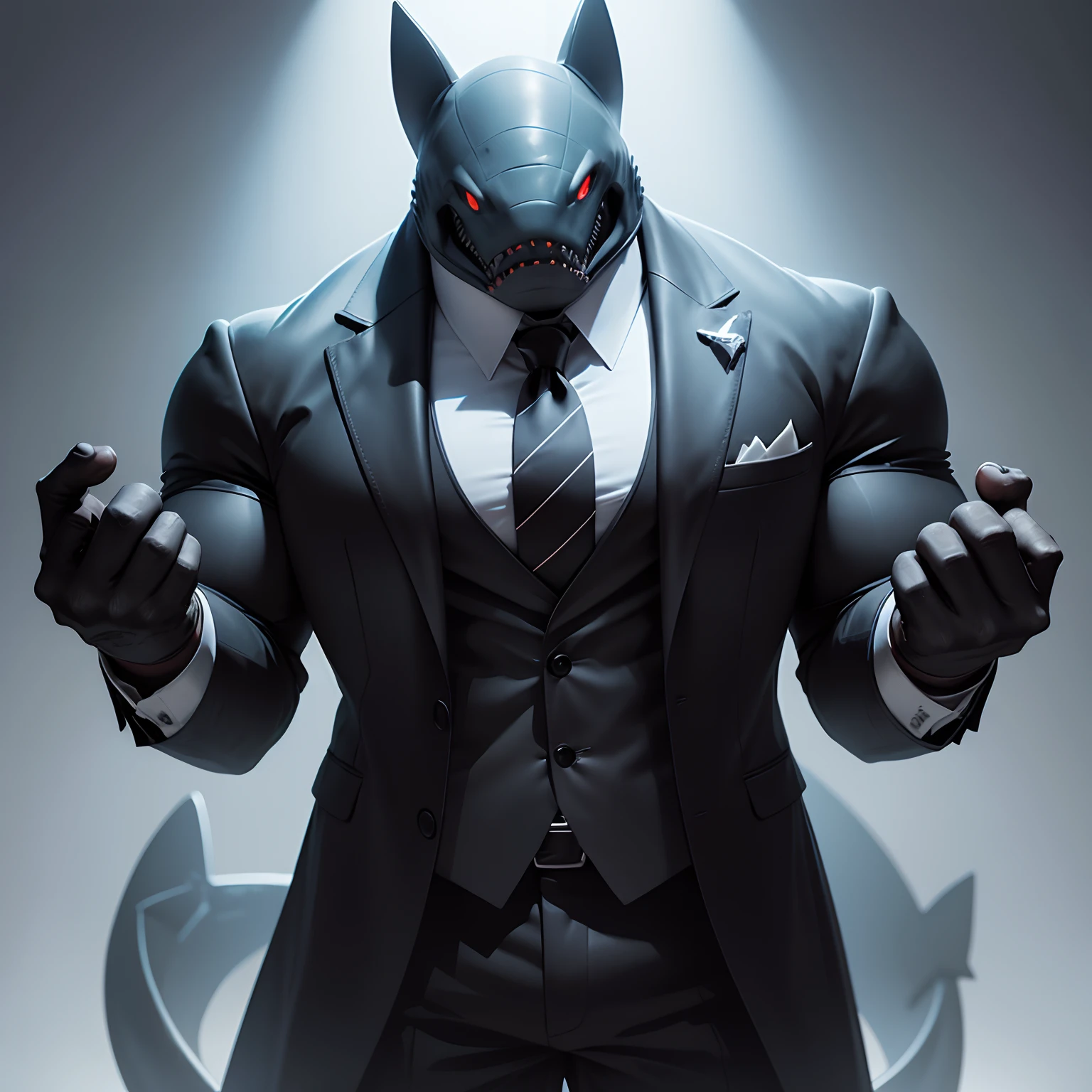 Humanoid shark muscled , with a shark's head black with a tail with 2 huge arms , in suit with a tie , full body