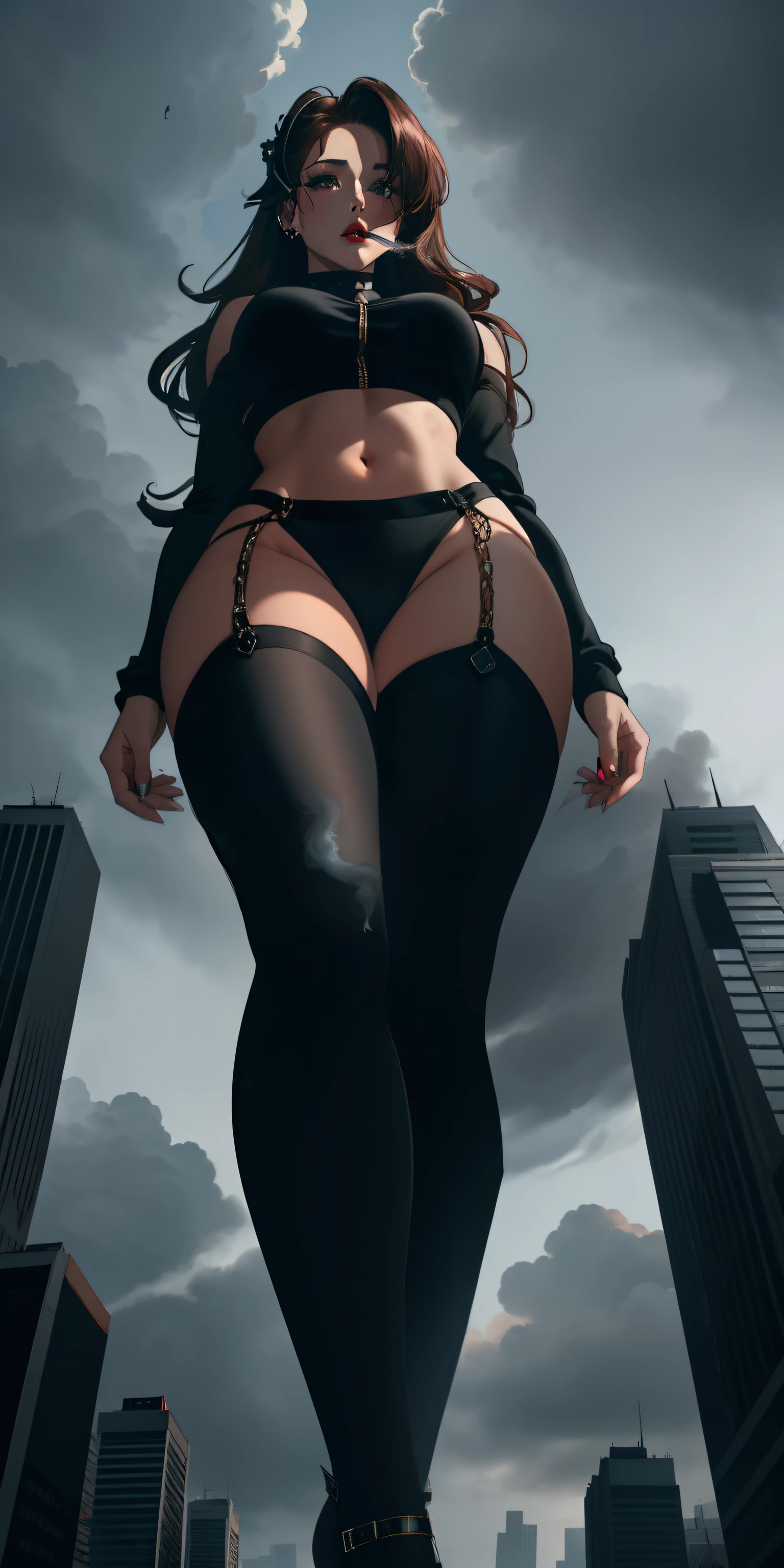 A towering Ariana Grande. Her toned and athletic build hints at her massive strength. She seems to be casually strolling through the bustling cityscape of GTS City, as towering buildings loom overhead. Smoke and clouds roil around her, adding to the sense of epic scale and drama. The lighting is dark, gloomy, and realistic, creating a tense and ominous atmosphere. The perspective is from below, emphasizing the sheer majesty and power of the Giantess. (masterpiece) (UHD) (Perfect detailed eyes) (tight clothes) (sexy ruby red lips)