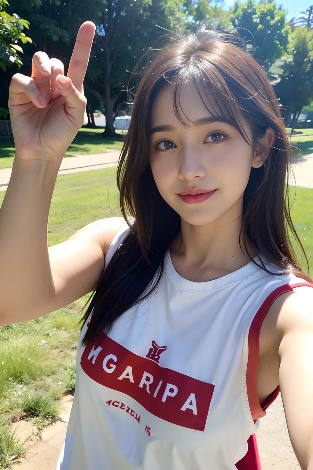 maestra,La mejor calidad, Muy flaca india Allison Mack , brown hair , ,. labios rojos ,Cabello largo , , selfie , profundidad de campo, no feliz, , smil ,,, camiseta roja , Pantalones Jens , mirando al espectador, en el parque