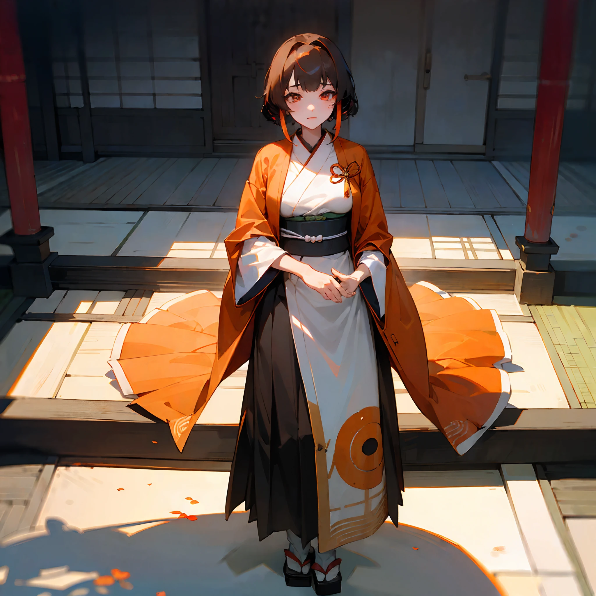 (8K, Best quality, tmasterpiece:1.2),\(eye detailed\),\(Facial features\),(\(Clothes detail details\)\),(Medium breasts),full bodyesbian,(Facial focus) ,Very detailed CG unity 8K wallpaper,hugefilesize,ultra - detailed,A high resolution,absurderes,beautidful eyes,Ray traching,dramatic shadow,finely detailled,Dramatic angles,Hyper-detailing,(1 girl:1.3),(Solo),Brown hair,Deep red eyes,(The uniform of the priest in charge of the sacrifice:1.3),White-colored skin,(The coat of the priest's uniform is orange-red，The design is based on the Haori costume worn by Japanese samurai:1.4)+(The inner lining of the priests was pure white：1.3),(atheletic body:1.2),(outside,the night:1.2)+(Japanese courtyard:1.3)+[(Inception:1.2)]