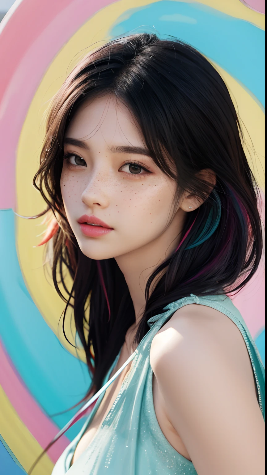 ((ultra - detailed)),The phone blocks the face,8k,winking,(Little freckles makeup girl),((Realistic skin)),((Focus detail 2 straps on the shoulders of the clothes)),((Shiny facial skin)),Colorful hair and colorful dresses,Rosla's soft vibrancy,Ross La cartoon is vibrant,Style anime 8k,beautiful portraits,The artistic germ is rich and colorful!!!, !dream artgerm, Beautiful anime girls, Style digital art, Art Wallpaper 8k, number art, extremely detailed art germ,