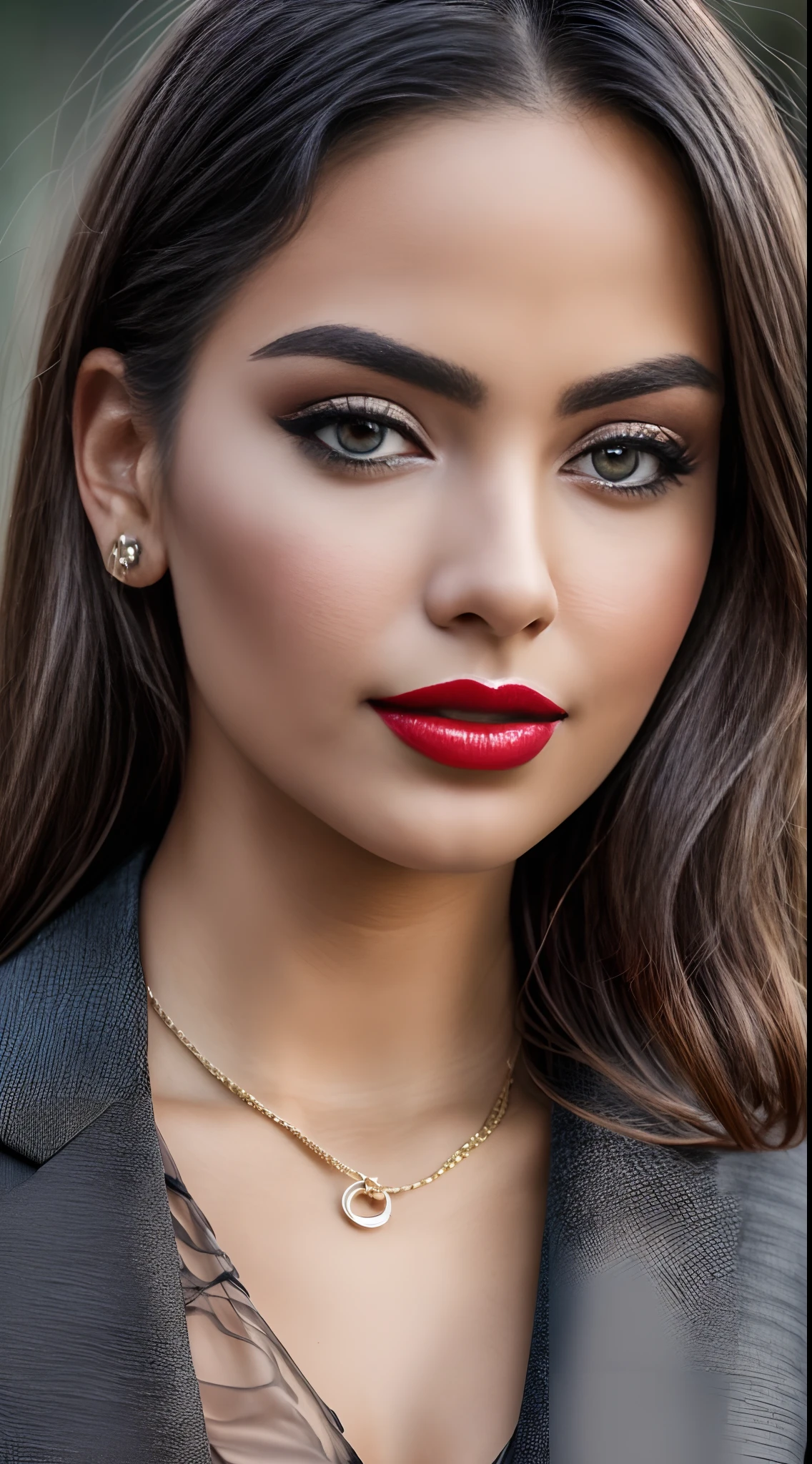 dark and gloomy, 8k, closeup photo of a 30-year-old brunette Brazilian businesswoman dark background at night, (realistic dark brown hair straight and with light waves) , makeup, red lips, brown eyes, (wearing black chanel tailoring blazer, black silk blouse and black straight tailoring pants), looking confidently, hyper realistic, {a girl with extremely beautiful olive skin}, (highly detailed skin: 1.2) {{{masterpiece}}}, realistic texture, dynamic composition, Fujifilm XT2, 85mm F1.2, shutter speed 1/80, (bokeh), high contrast