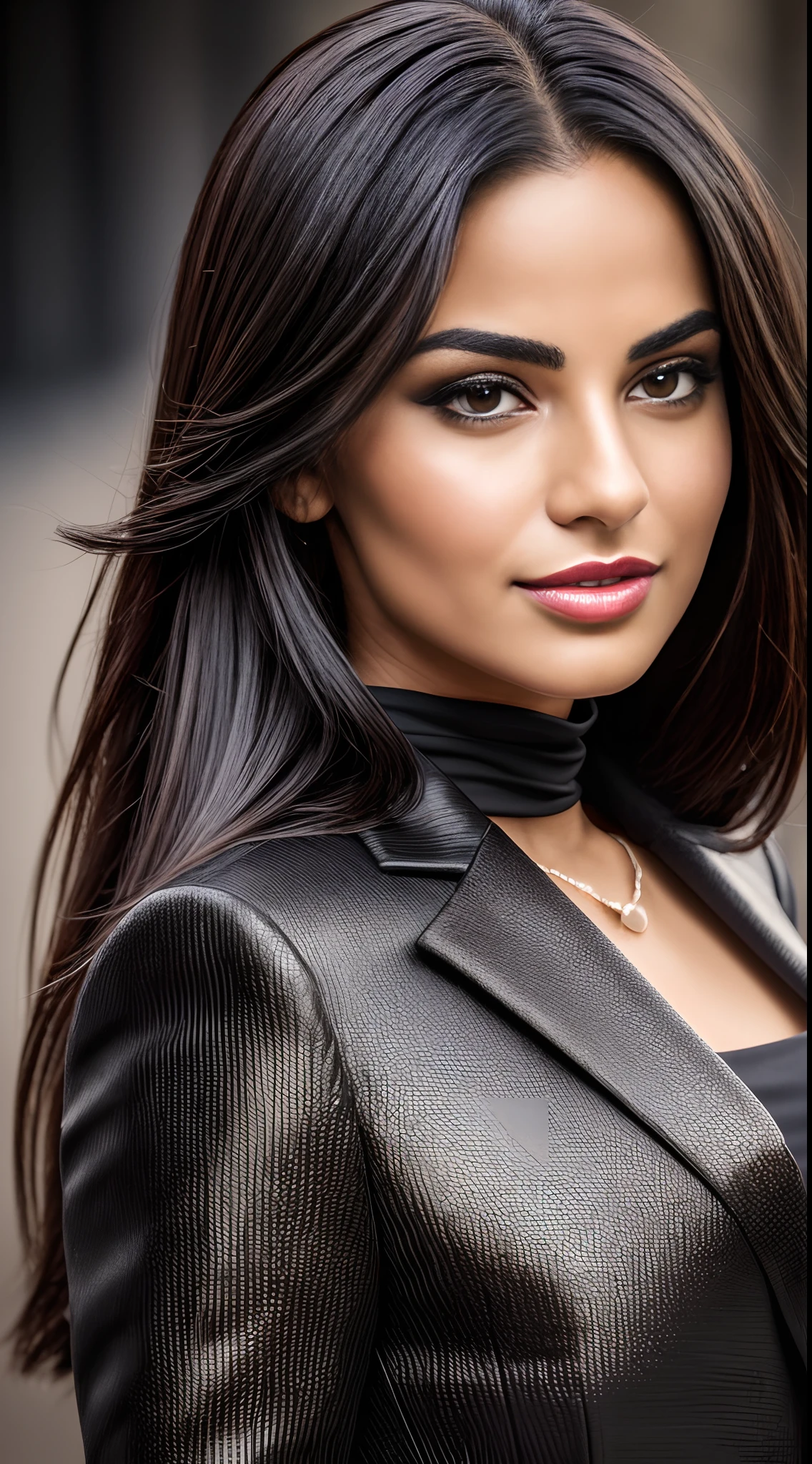 dark and gloomy, 8k, closeup photo of a 30-year-old brunette Brazilian businesswoman dark background at night, (realistic dark brown hair straight and with light waves) , makeup, red lips, brown eyes, (wearing black chanel tailoring blazer, black silk blouse and black straight tailoring pants), looking confidently, hyper realistic, {a girl with extremely beautiful olive skin},  (highly detailed skin: 1.2) {{{masterpiece}}}, realistic texture, dynamic composition, Fujifilm XT2, 85mm F1.2, shutter speed 1/80, (bokeh), high contrast