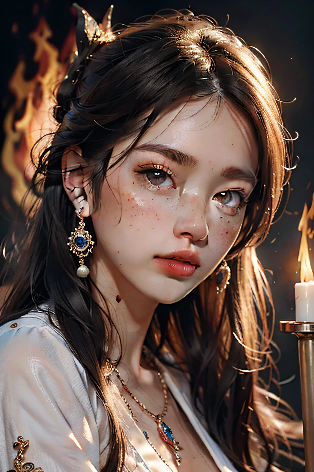 Best Quality, Masterpiece, Ultra High Resolution, (Realistic: 1.4) 1 Girl, beautiful_face, Detailed Skin, Clean Skin, No Freckles, Full Body, Yuhuo, Fire, Jewelry, Solo, Earrings, (Fire: 1.3), Blur, Realistic, Lips,