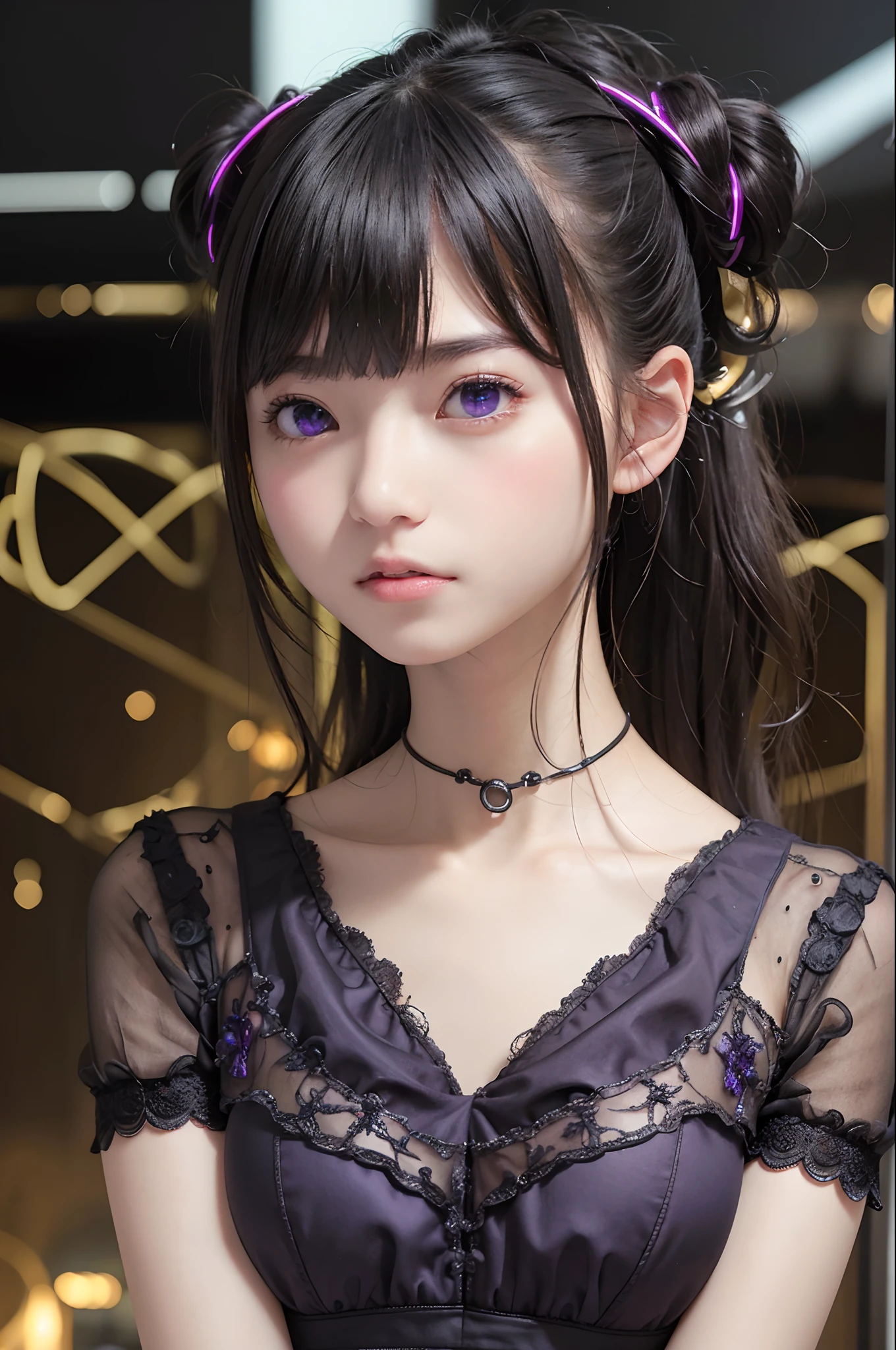 top-quality、masterpiece、超A high resolution、(Photorealsitic:1.4)、1人、Black hair、glowy skin、((super realistic details))、Global Illumination、Shadow、octan render、in 8K、ultrasharp、Raw skin is exposed in cleavage、metals、gear wheel、Hydraulic cylinder、Details of complex ornaments、Gothloli details、Luminous tube、highly intricate detail、Realistic light、CGSoation Trends、a purple eye、radiant eyes、Facing the camera、neon details、blood vessels connected to tubes、Mechanical vertebrae attached to the back、mechanical cervical attaching to neck、sitting on、Wires and cables connecting to the head、Small LED lamp、The background is the server room of the future、depth of fields、Brobby background