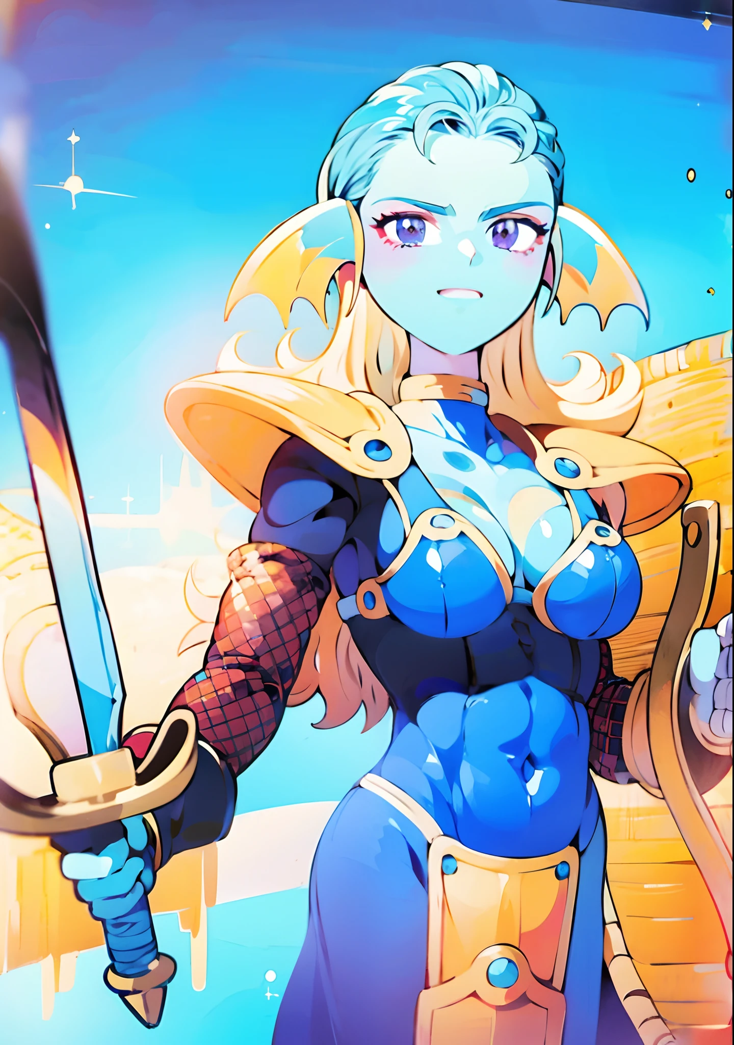 8K,High quality,Anime,married,Beautiful woman,Bright,Eye Highlights,Purple eyes,Sexy,ultra gigantic tits,oversized tits,Dark blue ,Erotic,beautiful line art. Blue skin, Blue and orange gradient fins, Black Bikini Armor, holding swords, Holding Shield, Bejeweled ornaments and bikini armor, Highly revealing outfits, Dark Facial Makeup,Light blue skin of the belly、Paws have light blue skin、