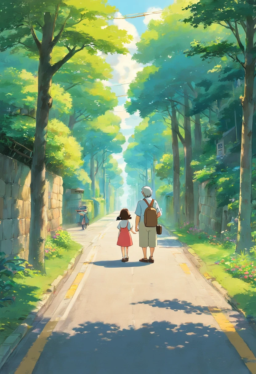 The uncle stood on the road and spoke to the little girl reading on the side of the road
