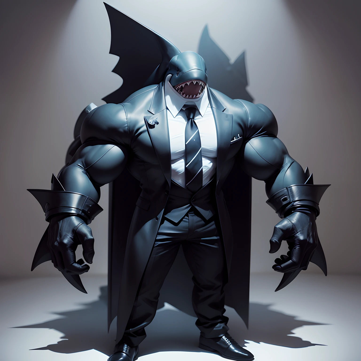 Humanoid  shark muscled ,  with a shark's head black with  a tail with 2 huge arms ,  in suit with a tie , full body