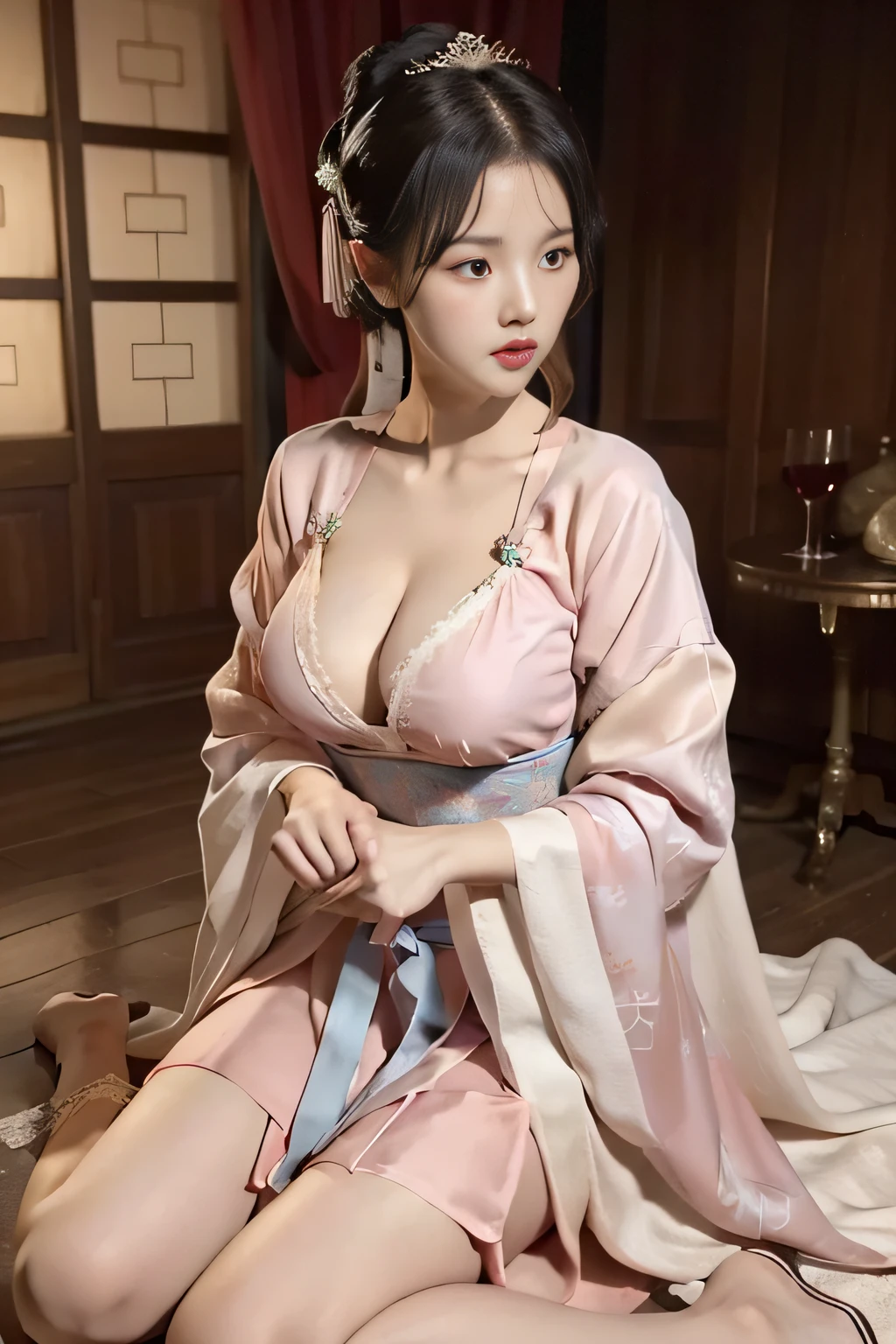 Wet-breasted Hanfu open V-chested clothes, All pictures, Wet body of thin silk fabric, Thin silk lace petticoat,princess 8 yeald old cute, (huge boobs,cleavage),petticoat, white pink, blue ,best qualtiy,tmasterpiece,超高分辨率,(真实感:1.4),RAW photogr,(True skin texture:1.3),(filmgrain:1.3),(Selfie angle),1个Giant Breast Girl,Beautiful eye and face details,tmasterpiece,Best quality at best,exposing thighs,Bigchest,The chest is more exposed,short detailed hair,above looking down facing at camera